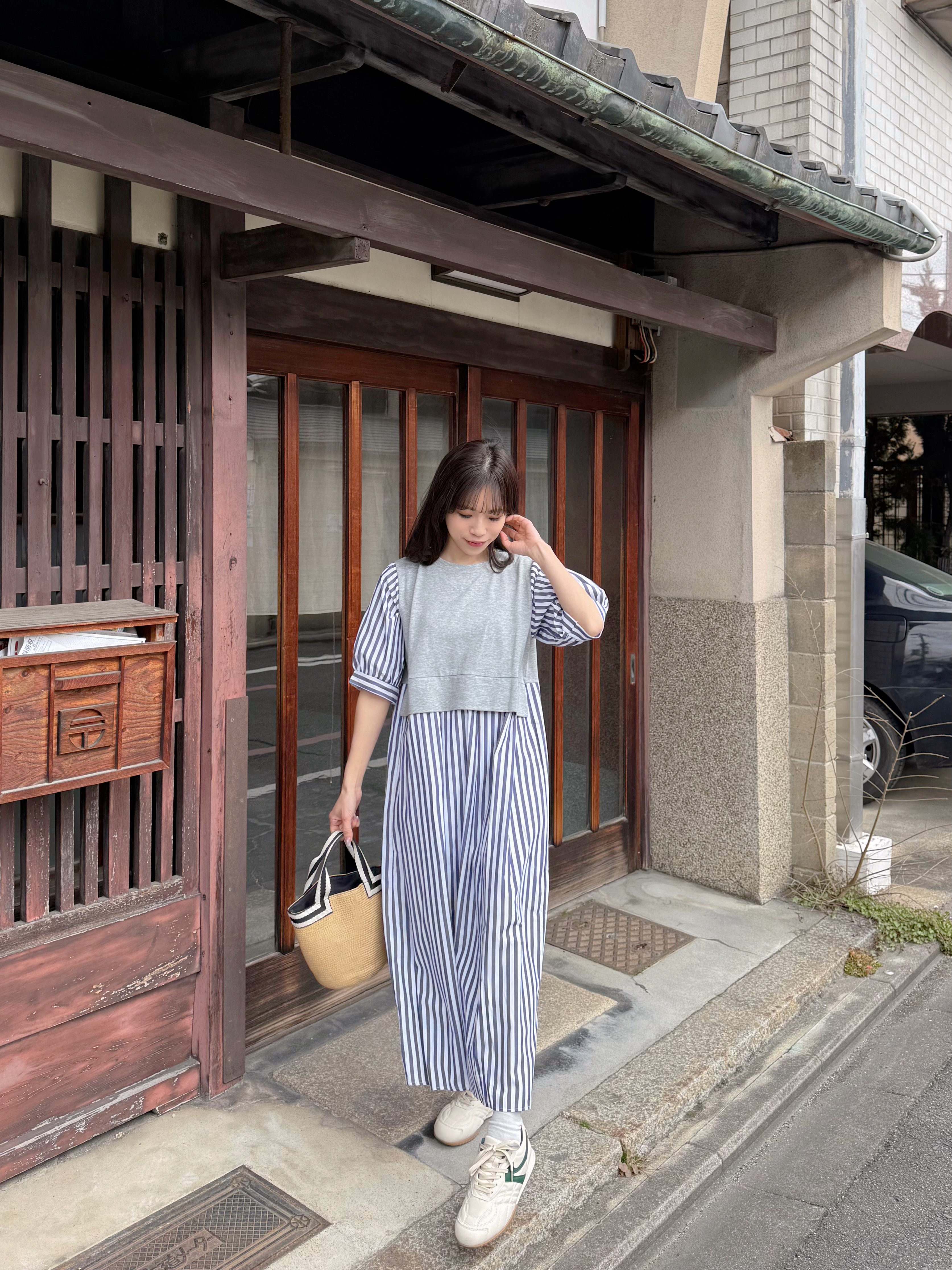 2色•5分袖直條紋拼色布連身裙