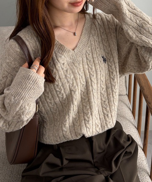 5色・M-LL・U.S. POLO ASSN. 刺繡V領麻花針織上衣
