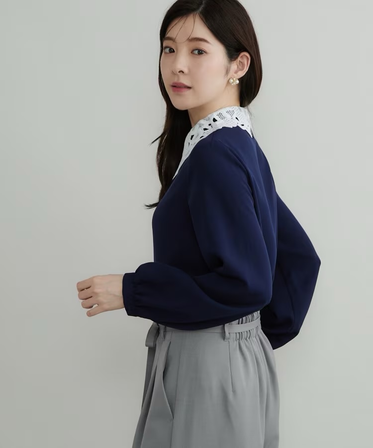 3色•S-LL碼•蕾絲領雪紡恤衫