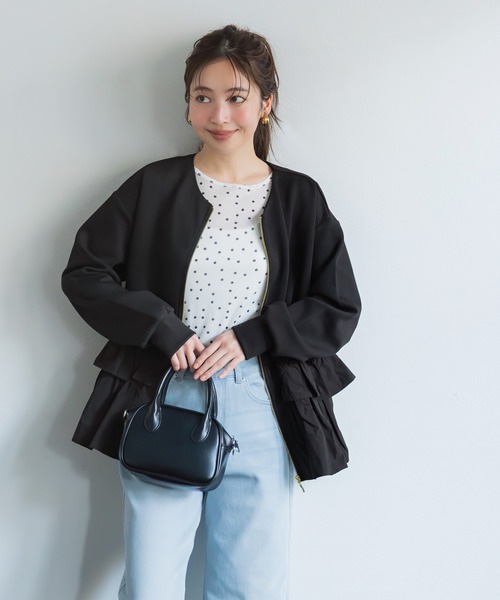 2色•拼接壓摺傘擺拉鍊外套