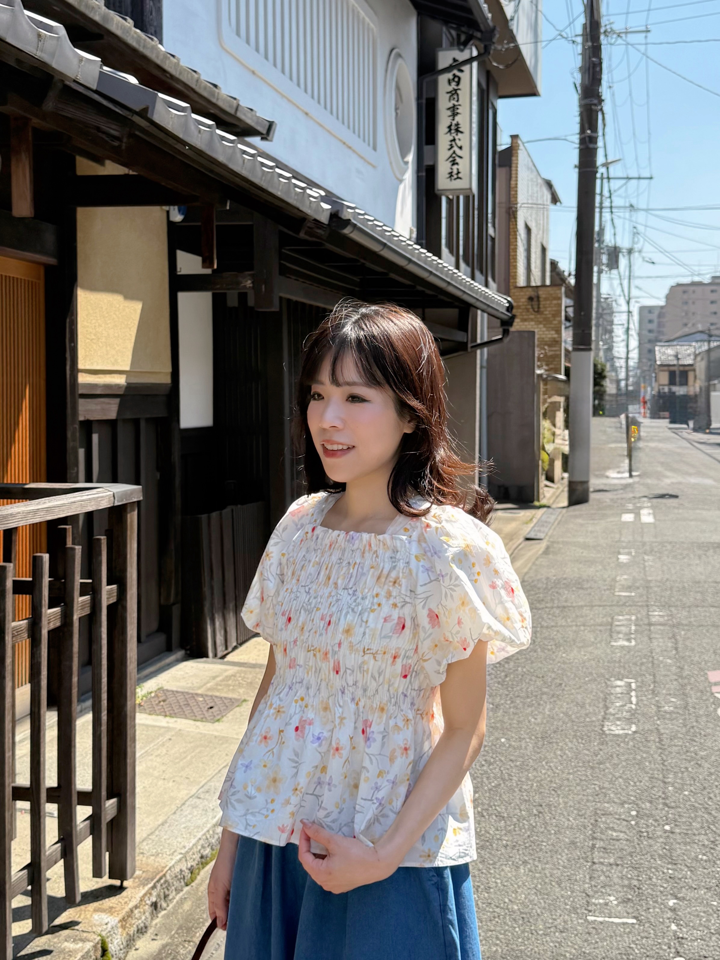 暖色系花柄方領摺摺全綿上衣