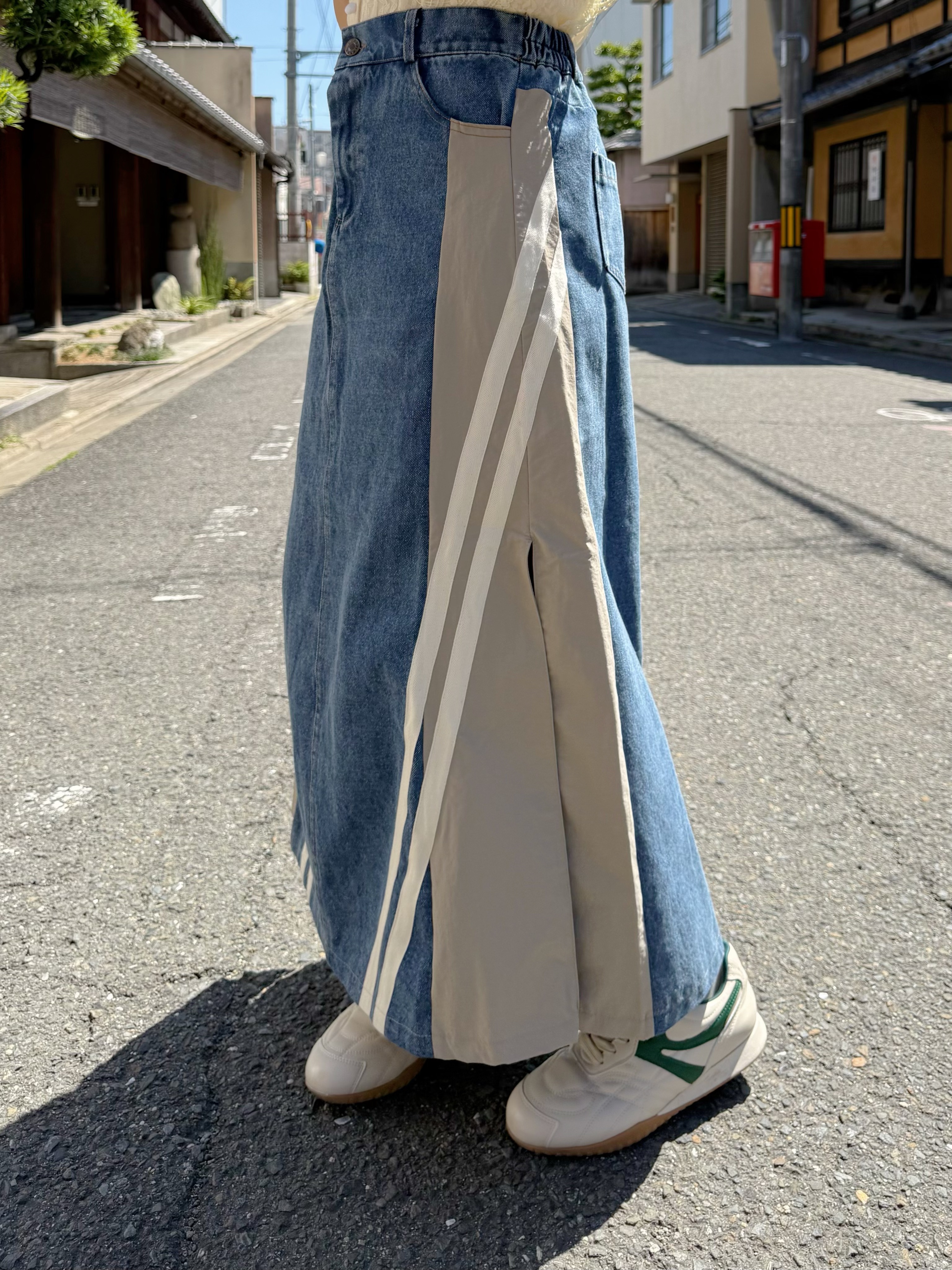 拼色A line長款牛仔裙