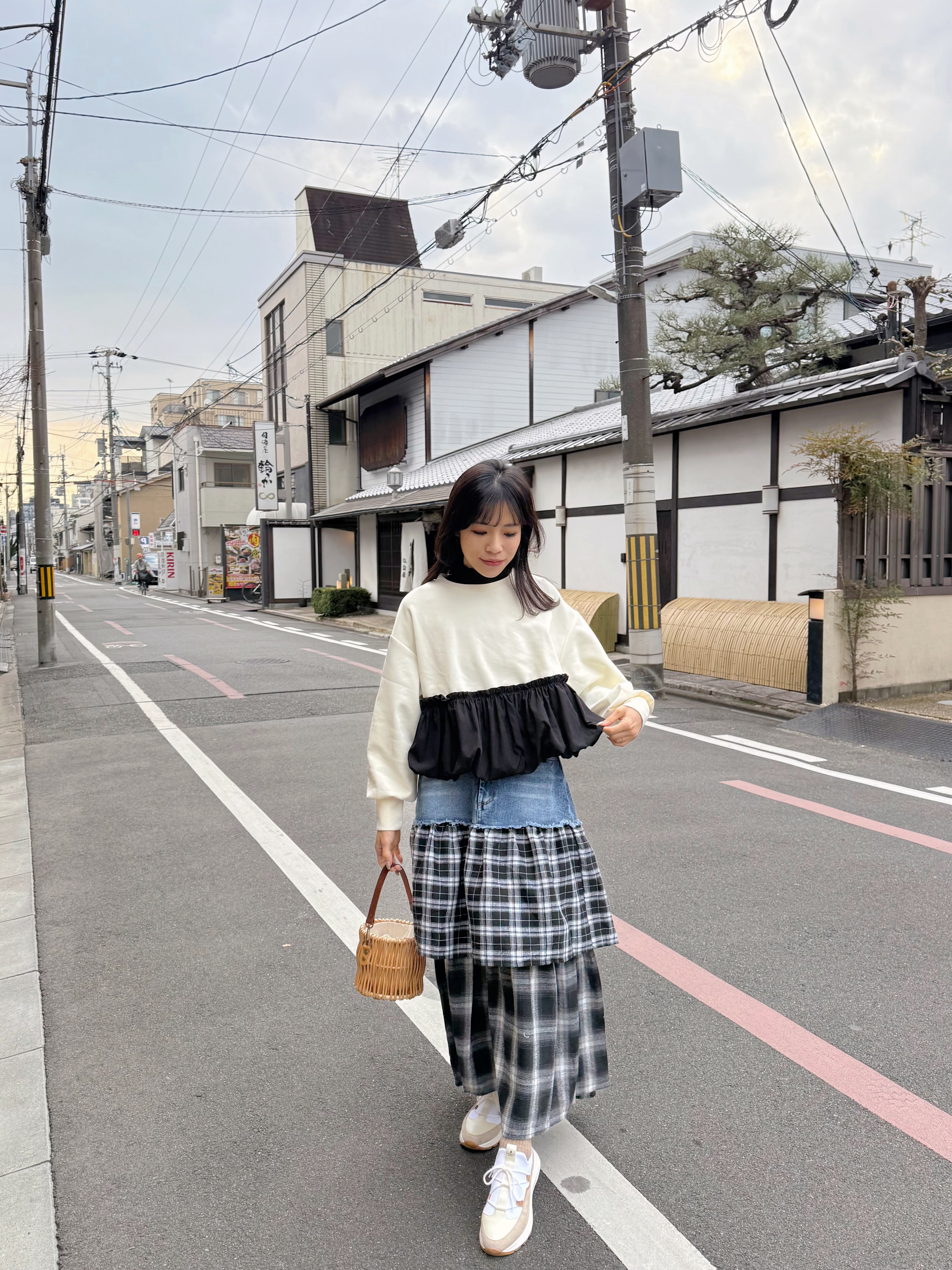 黑白格仔層次牛仔裙