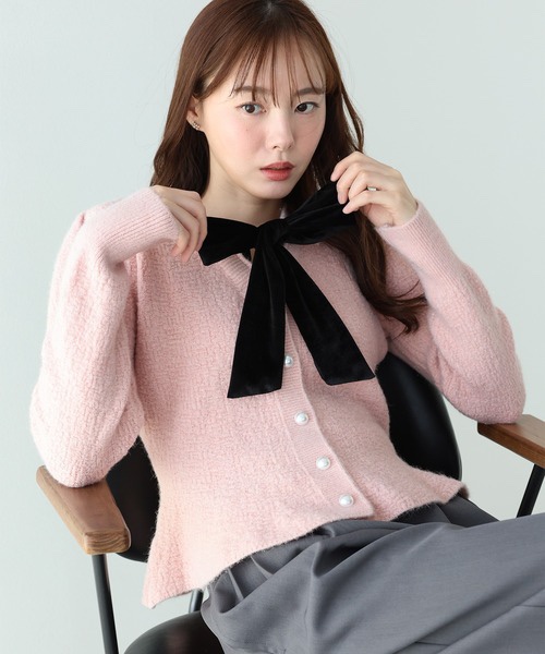 3色•Size M•絲絨蝴蝶結傘擺金線針織外套