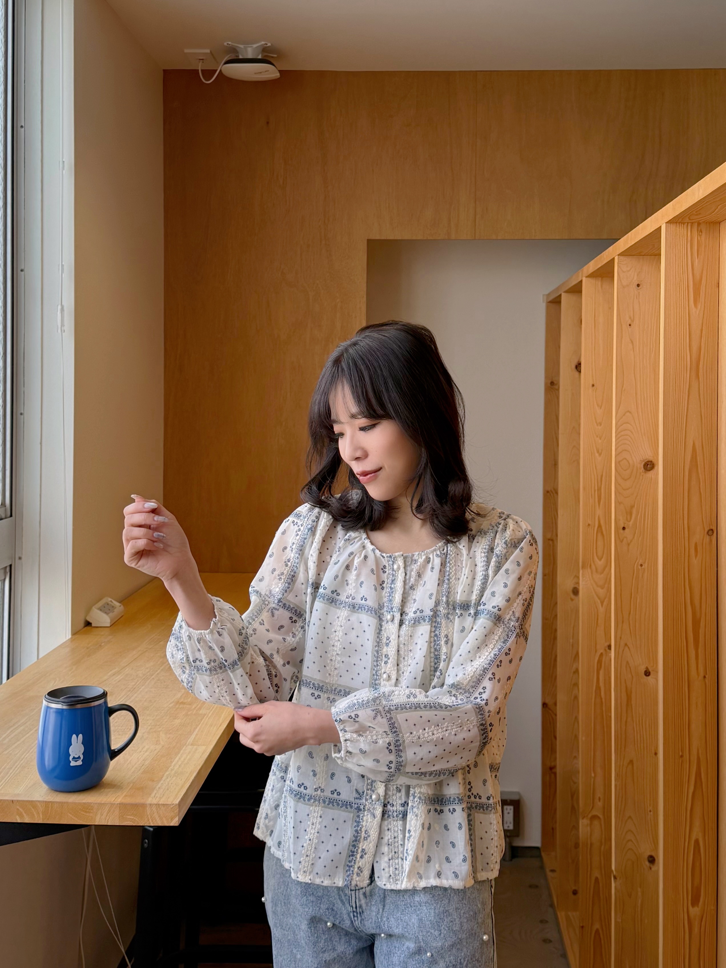 藍白印花8分袖雪紡上衣