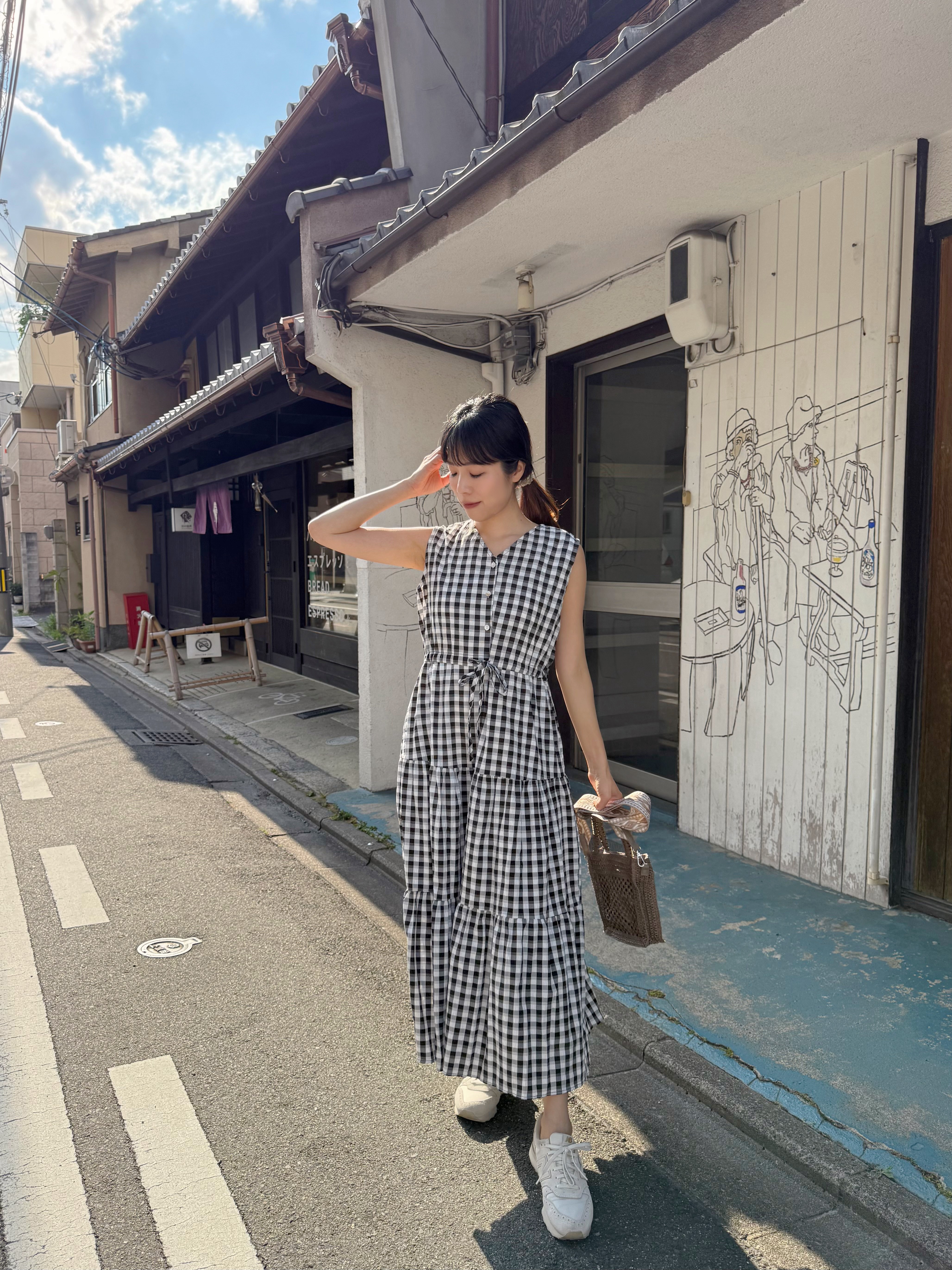 V領格仔背心雪紡連身裙