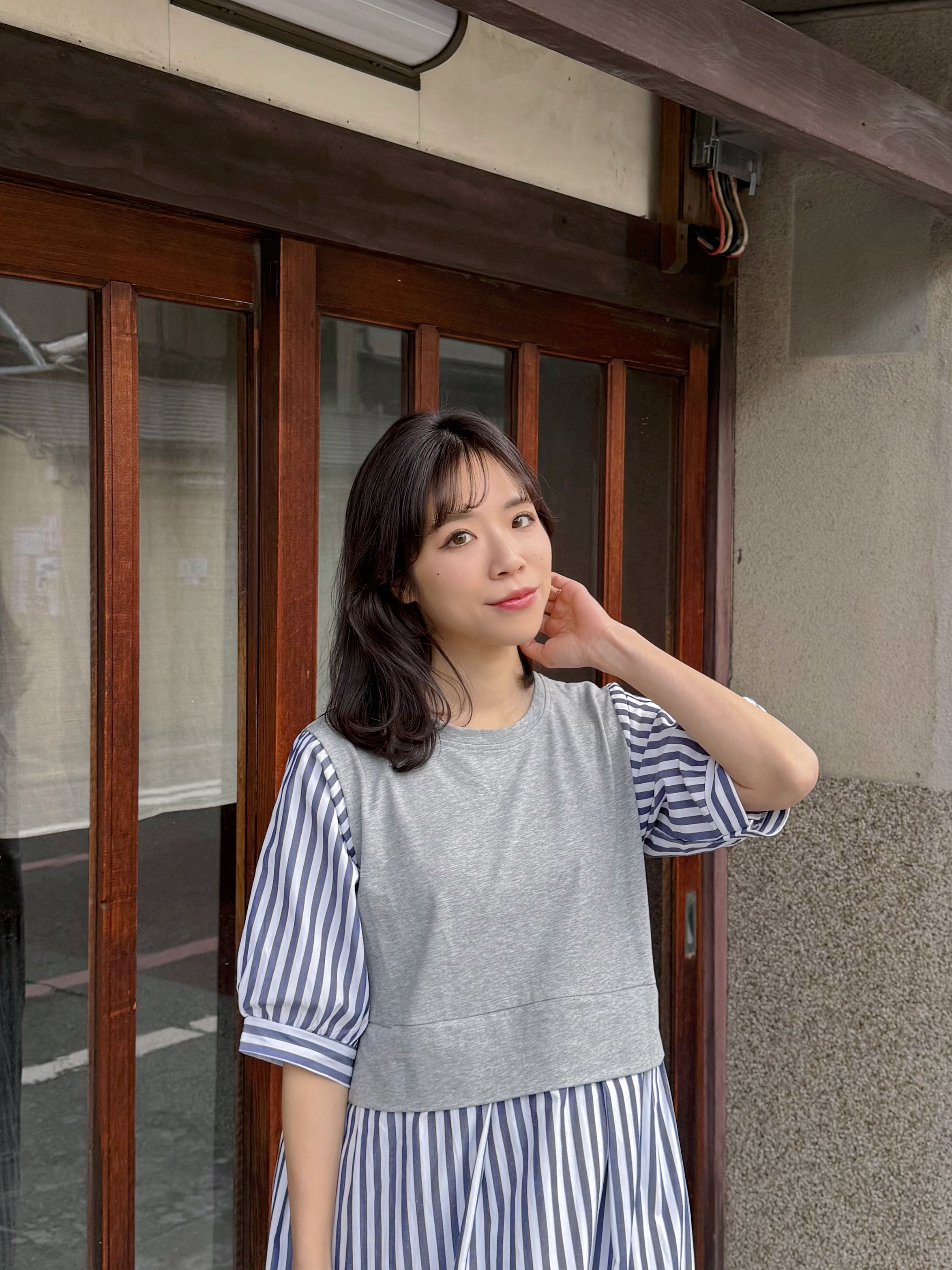 2色•5分袖直條紋拼色布連身裙