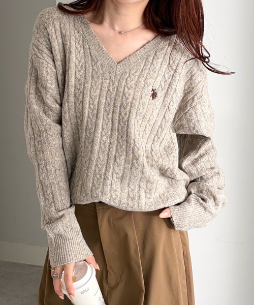 5色・M-LL・U.S. POLO ASSN. 刺繡V領麻花針織上衣