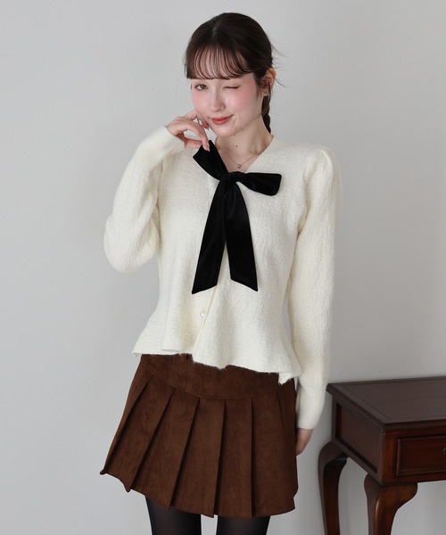 3色•Size M•絲絨蝴蝶結傘擺金線針織外套