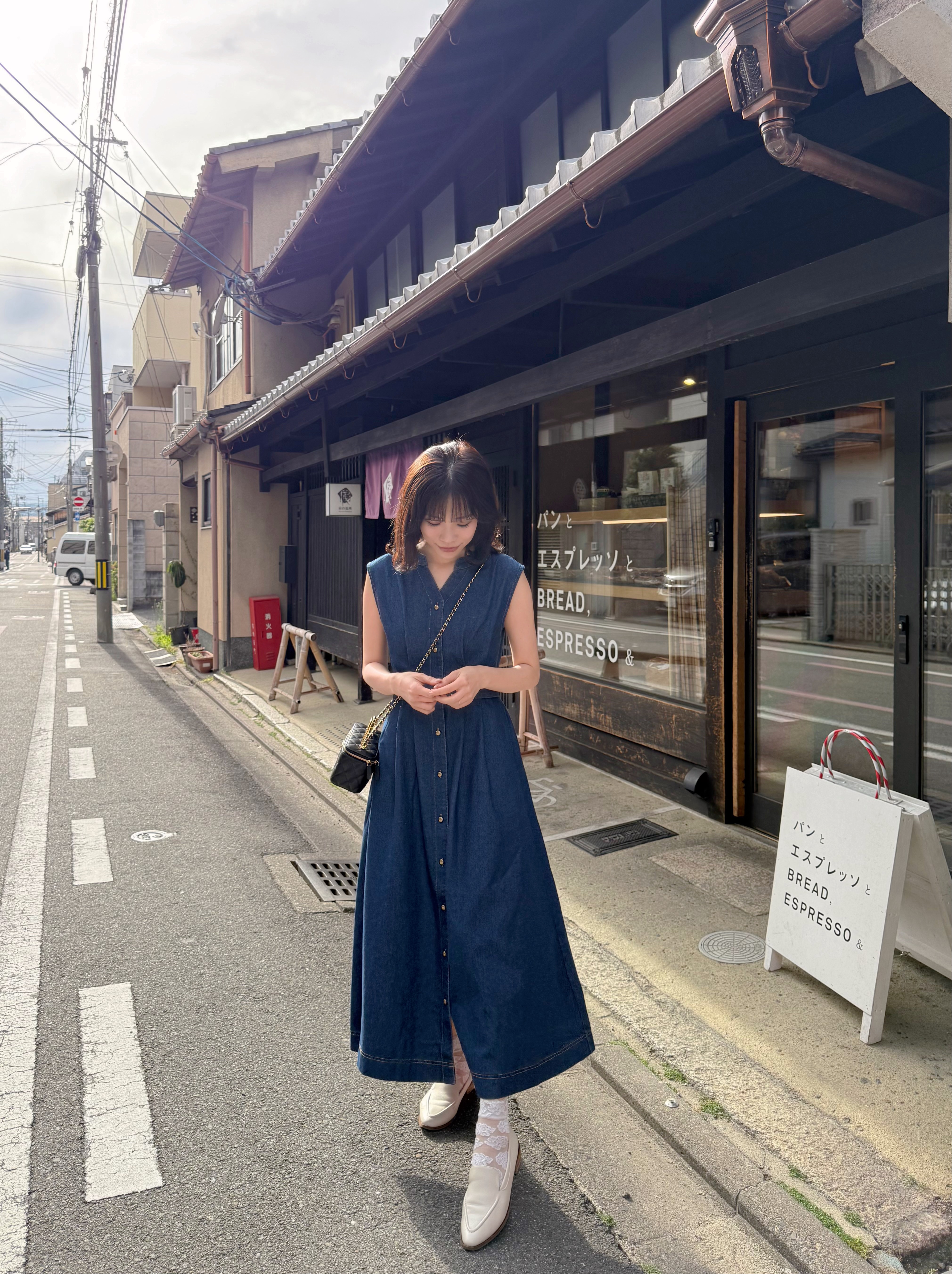 腰帶後蝴蝶結牛仔連身裙