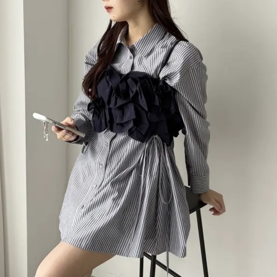 直條長恤衫+吊帶背心套裝