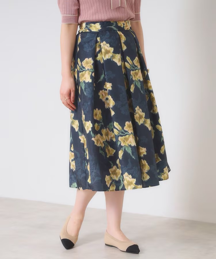 深藍拼黃花雪紡半身裙