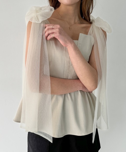 紗蝴蝶結肩帶背心