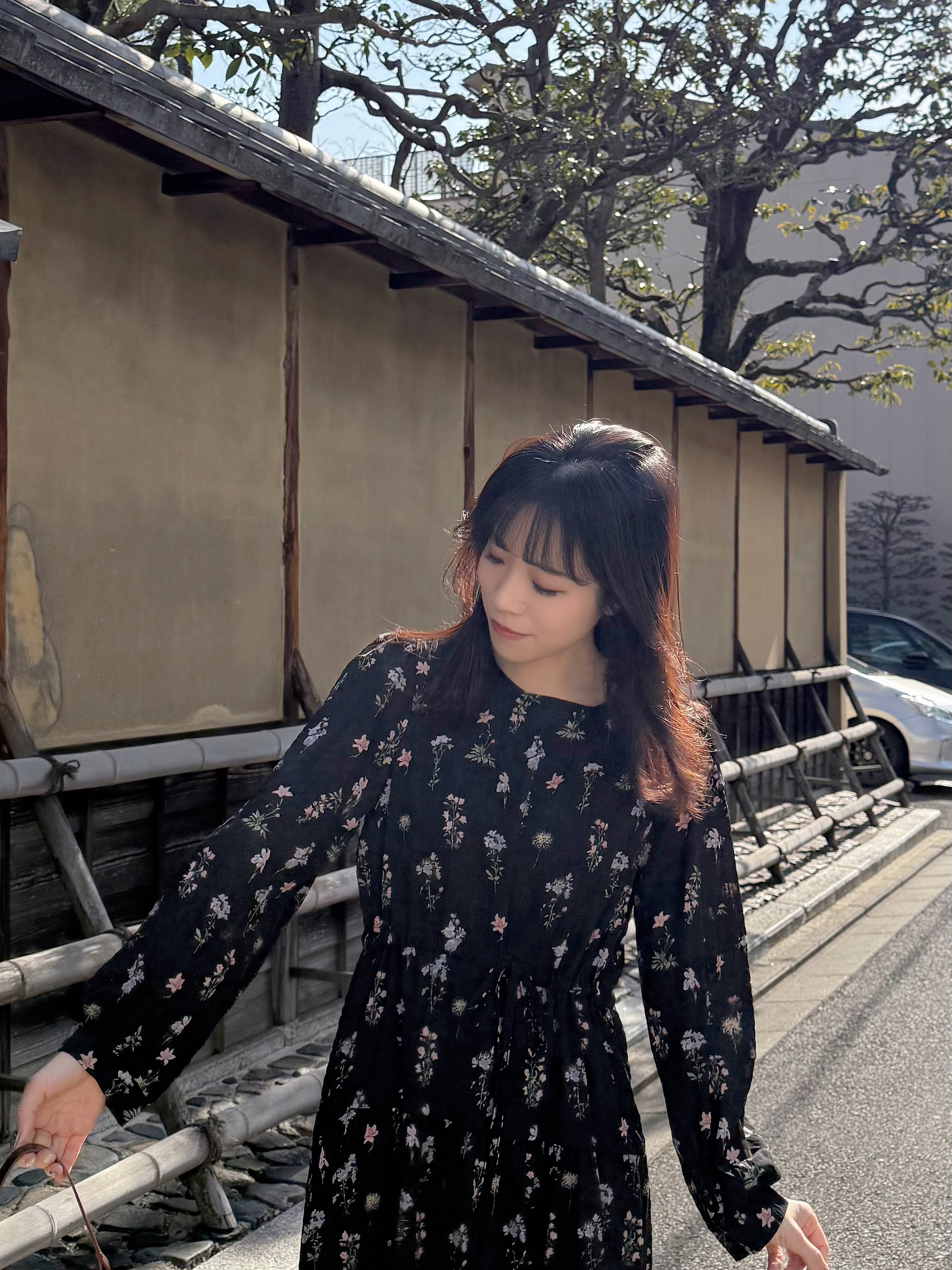 印花圖案索繩腰帶雪紡連身裙