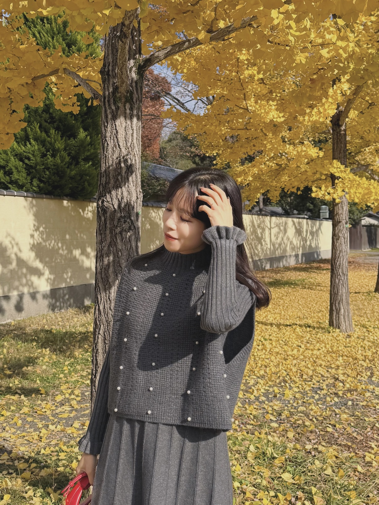 2色•珍珠斗篷針織及膝連身裙