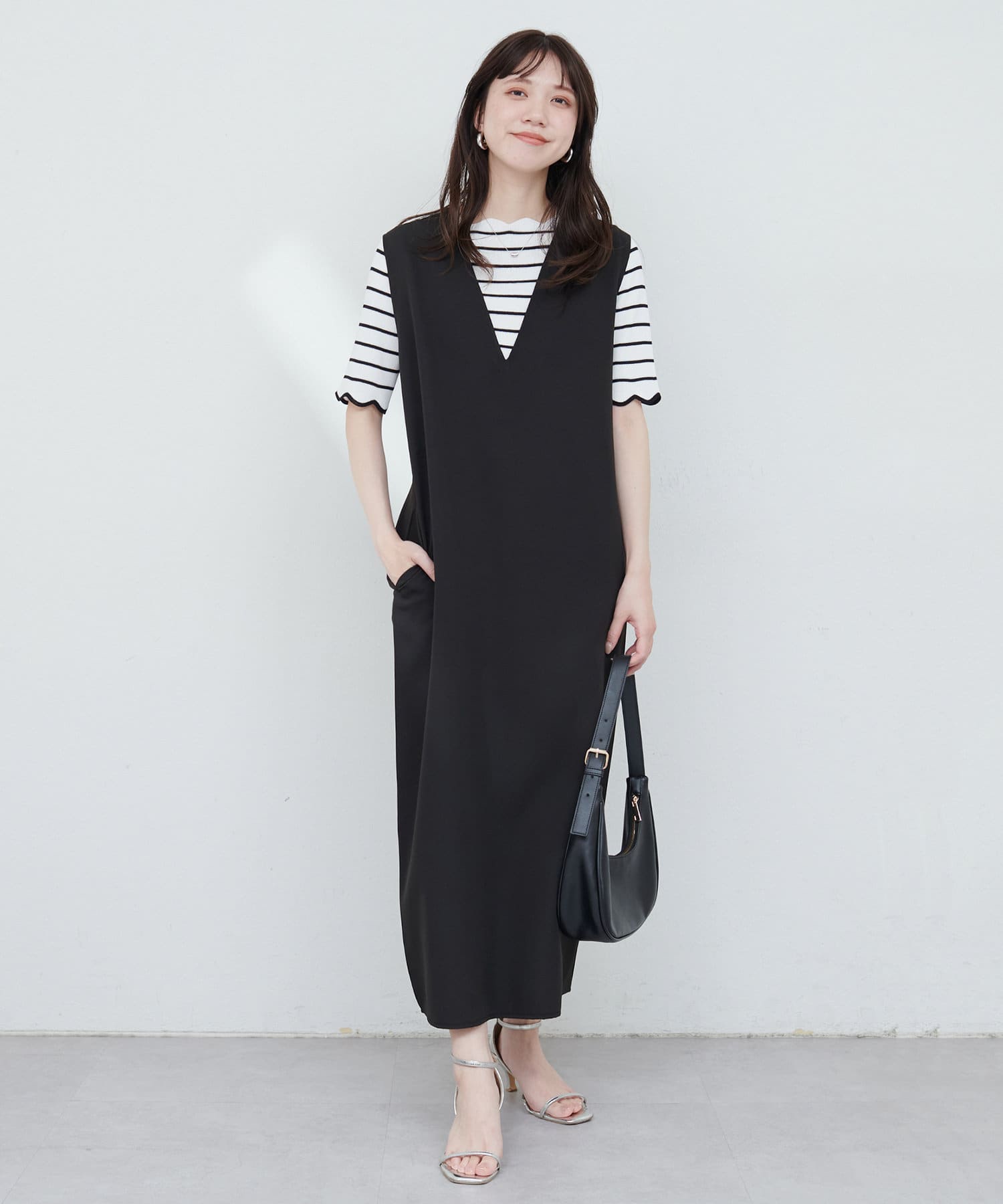 V領有袋雪紡背心連身裙