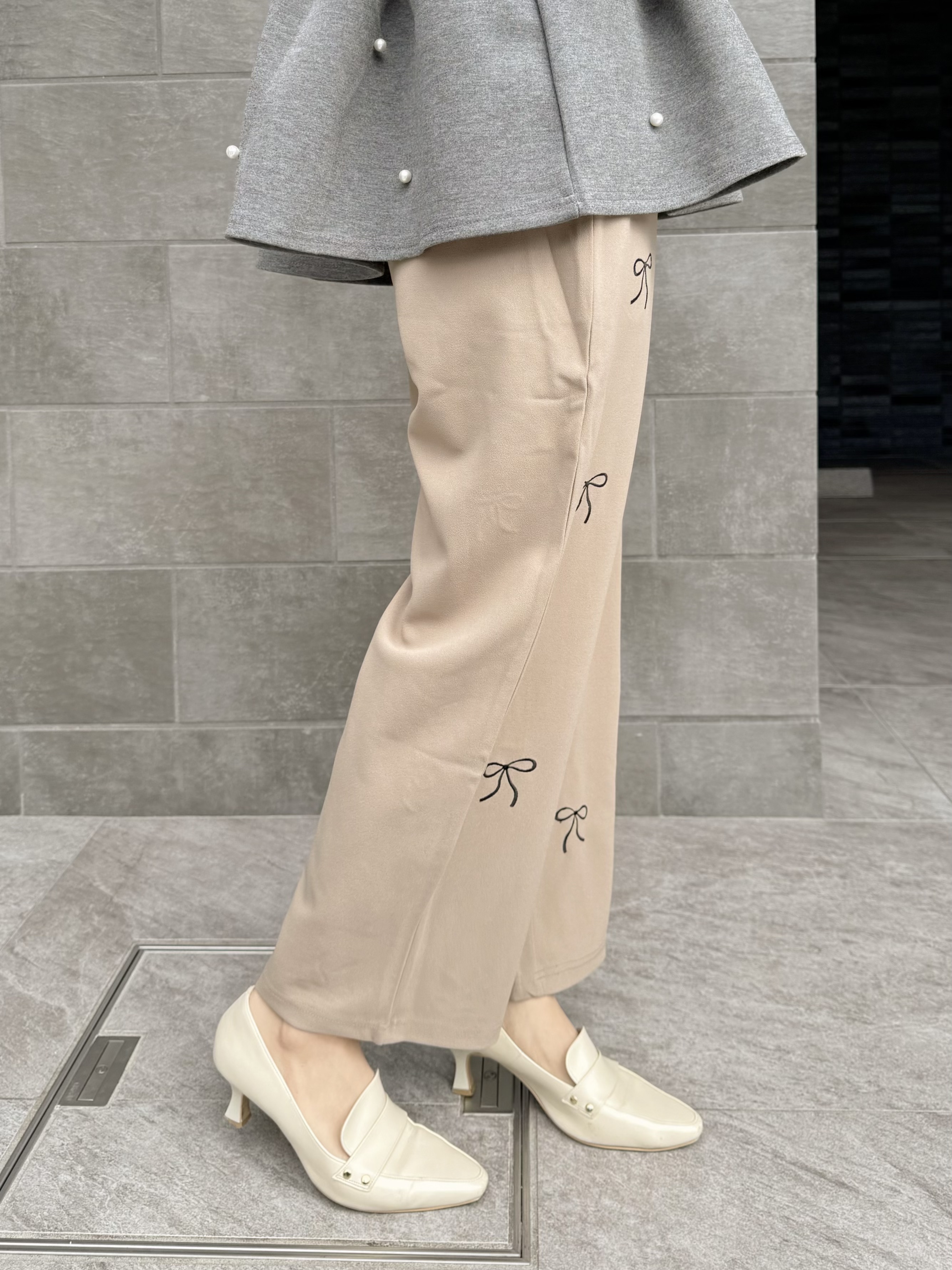 蝴蝶結刺繡雪紡修腳長褲