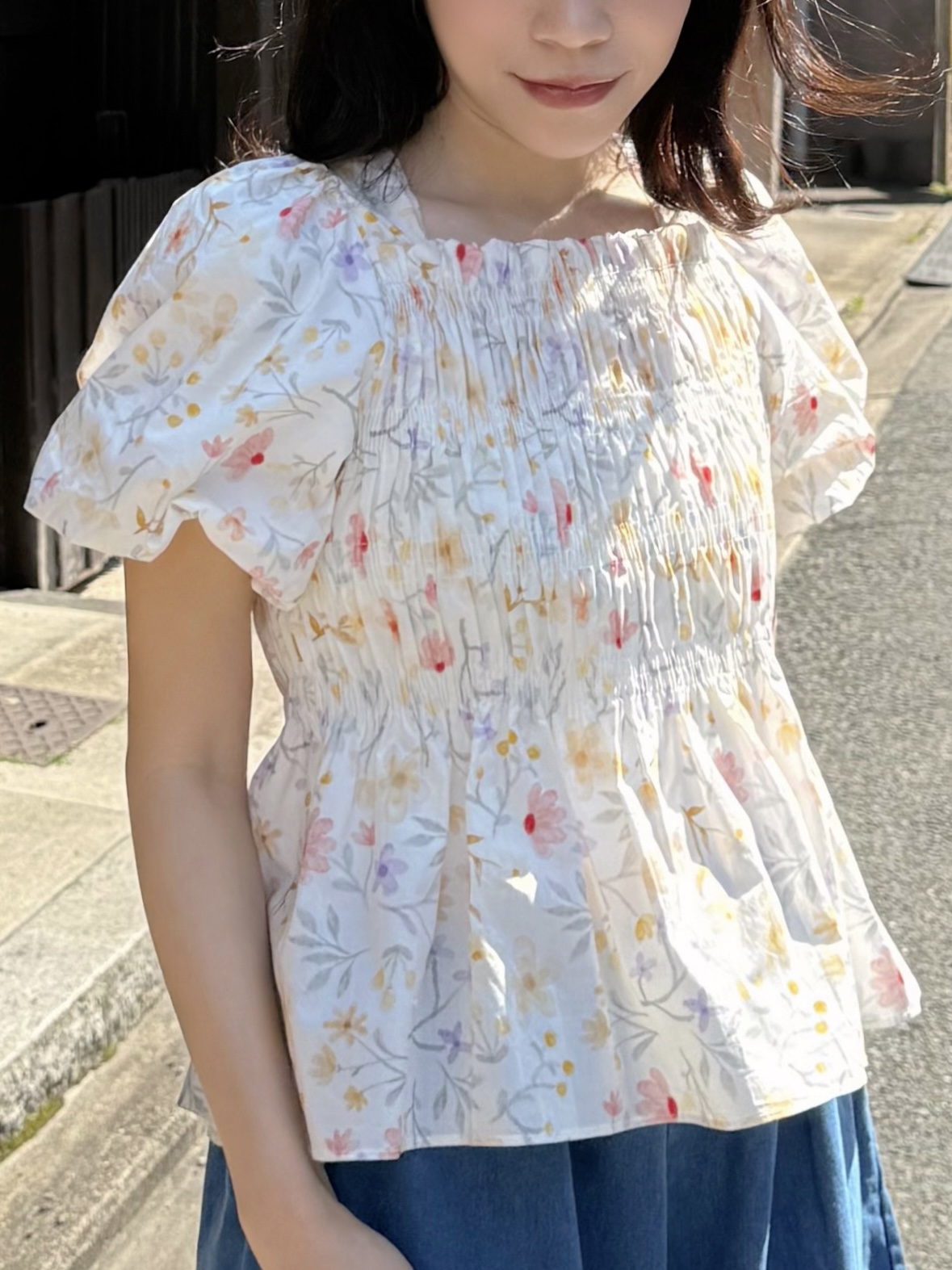 暖色系花柄方領摺摺全綿上衣