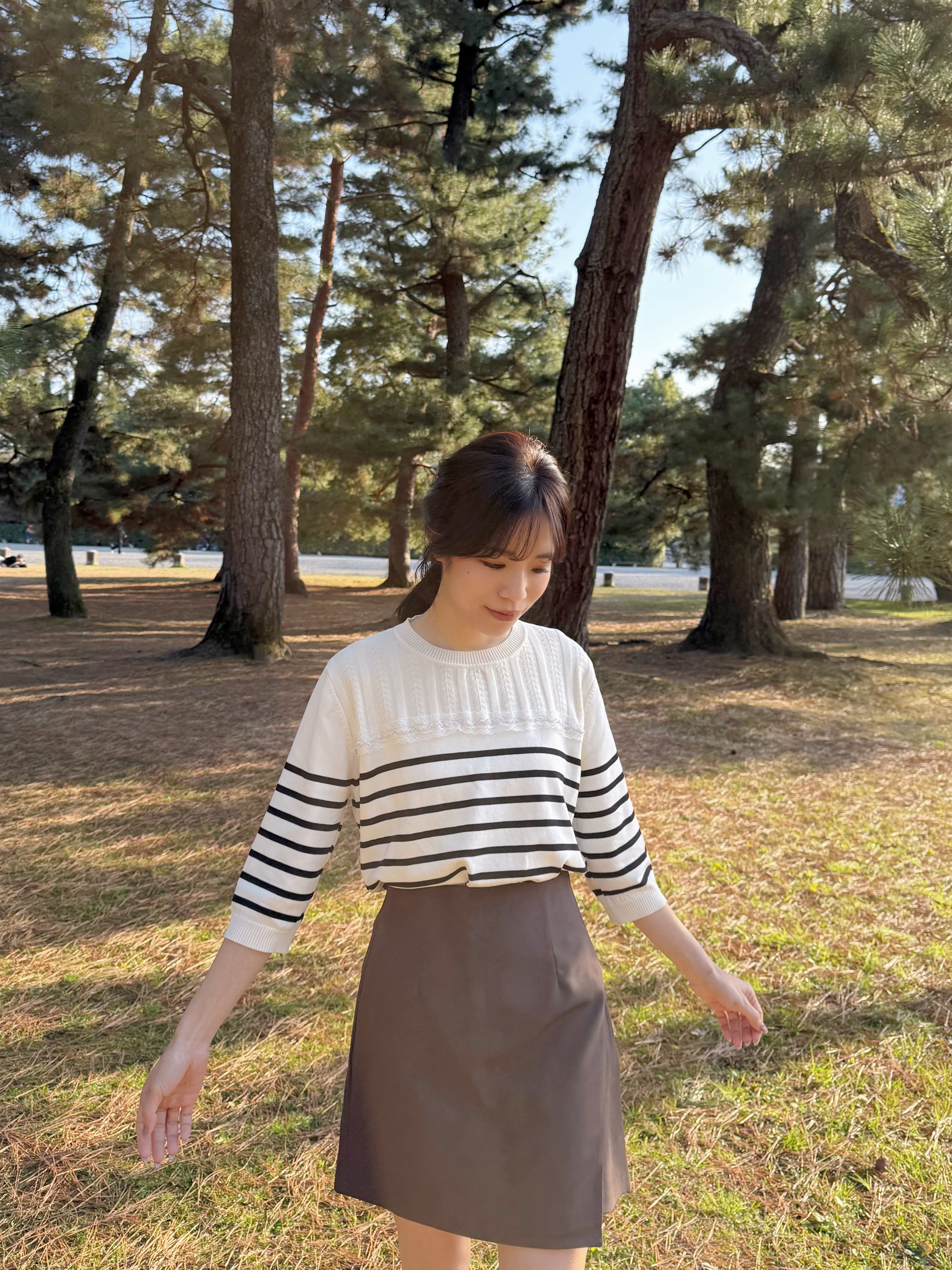 間條蕾絲邊7分袖薄款針織上衣