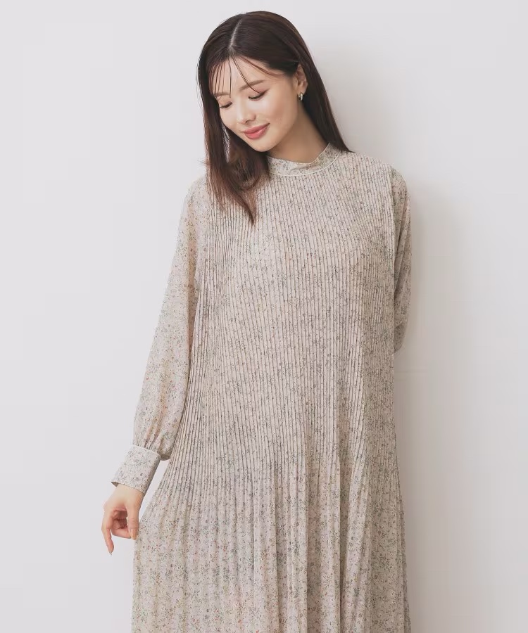 3色•百褶腰帶雪紡連身裙