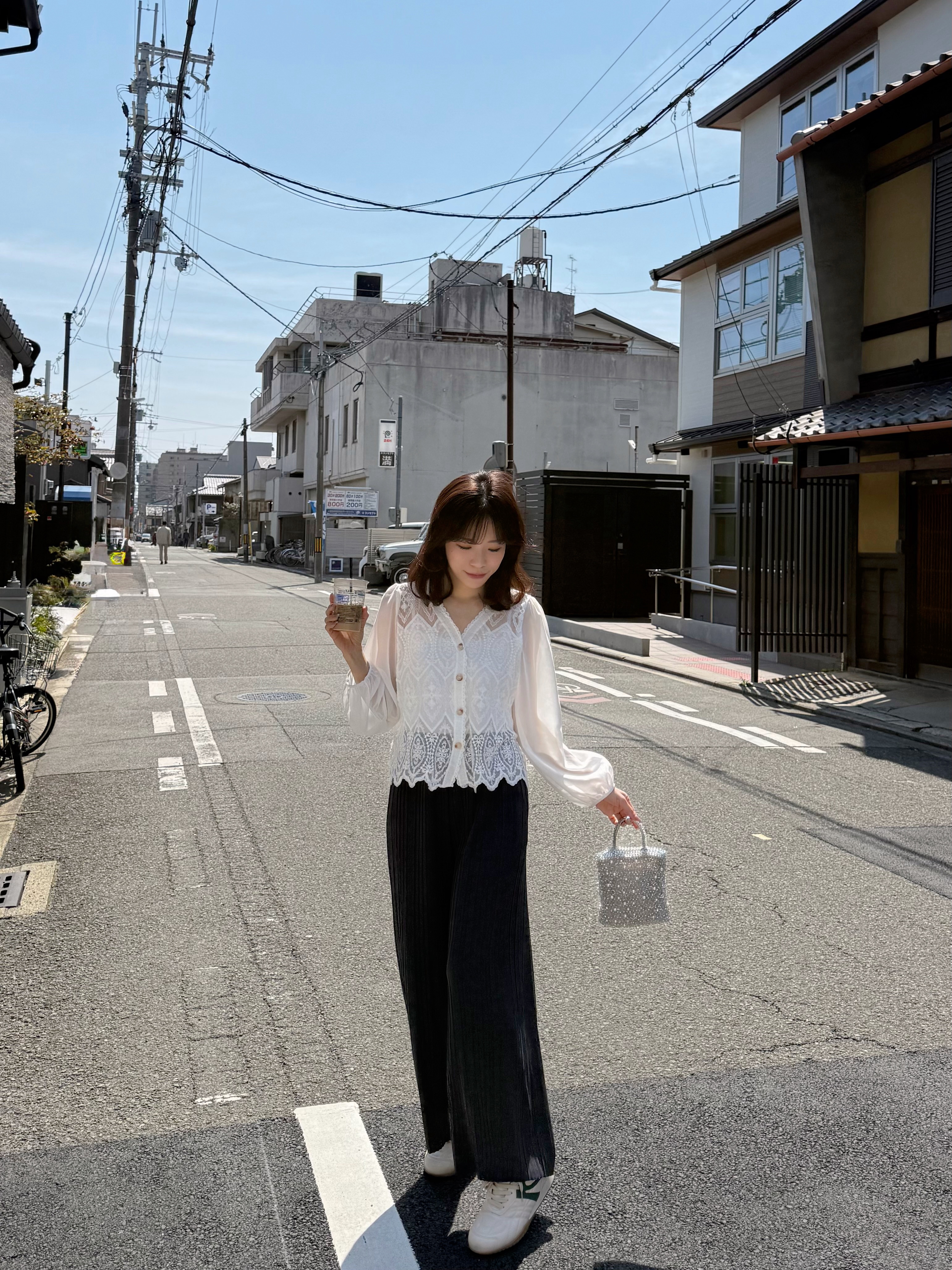 V領蕾絲雪紡袖外套上衣