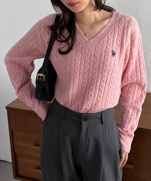 5色・M-LL・U.S. POLO ASSN. 刺繡V領麻花針織上衣