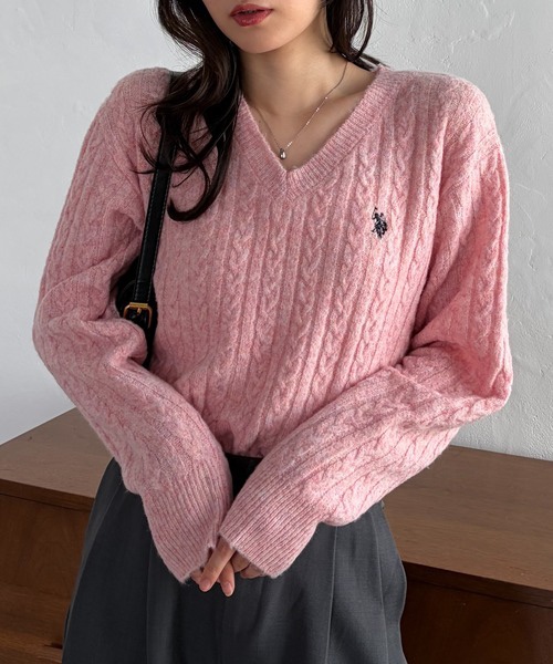 5色・M-LL・U.S. POLO ASSN. 刺繡V領麻花針織上衣