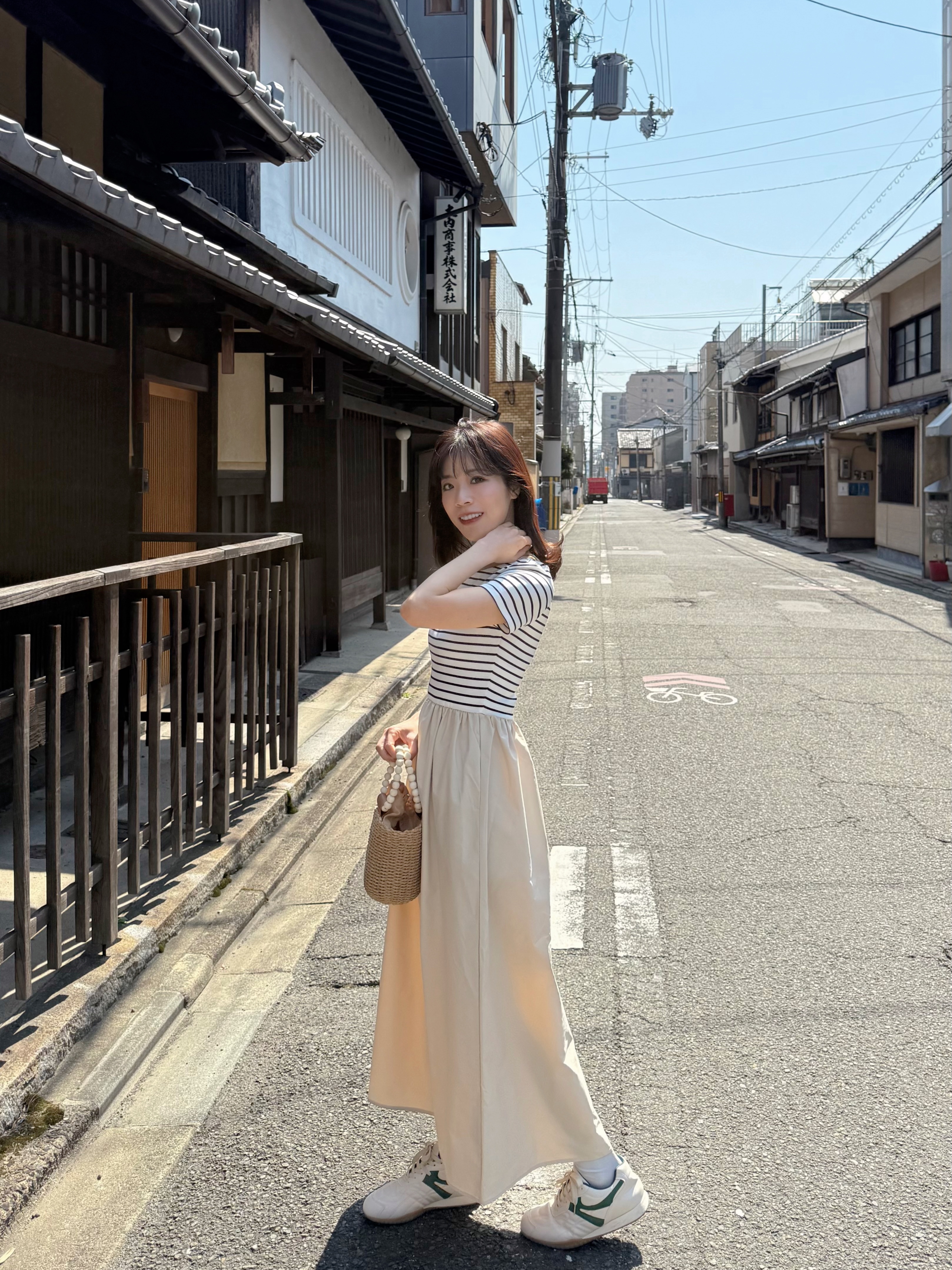 間條拼色修腰A line連身裙