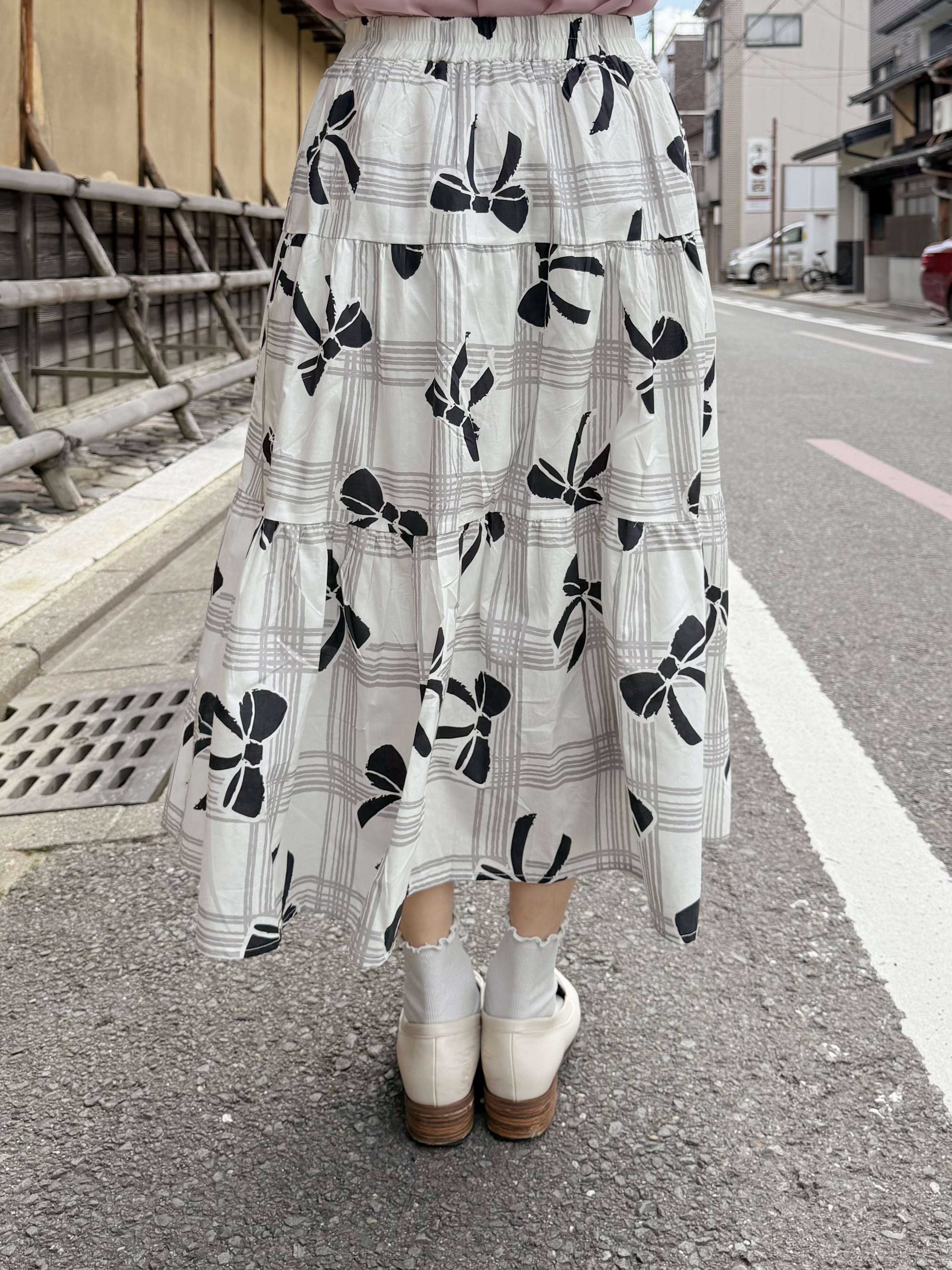 方格蝴蝶結印花半身裙