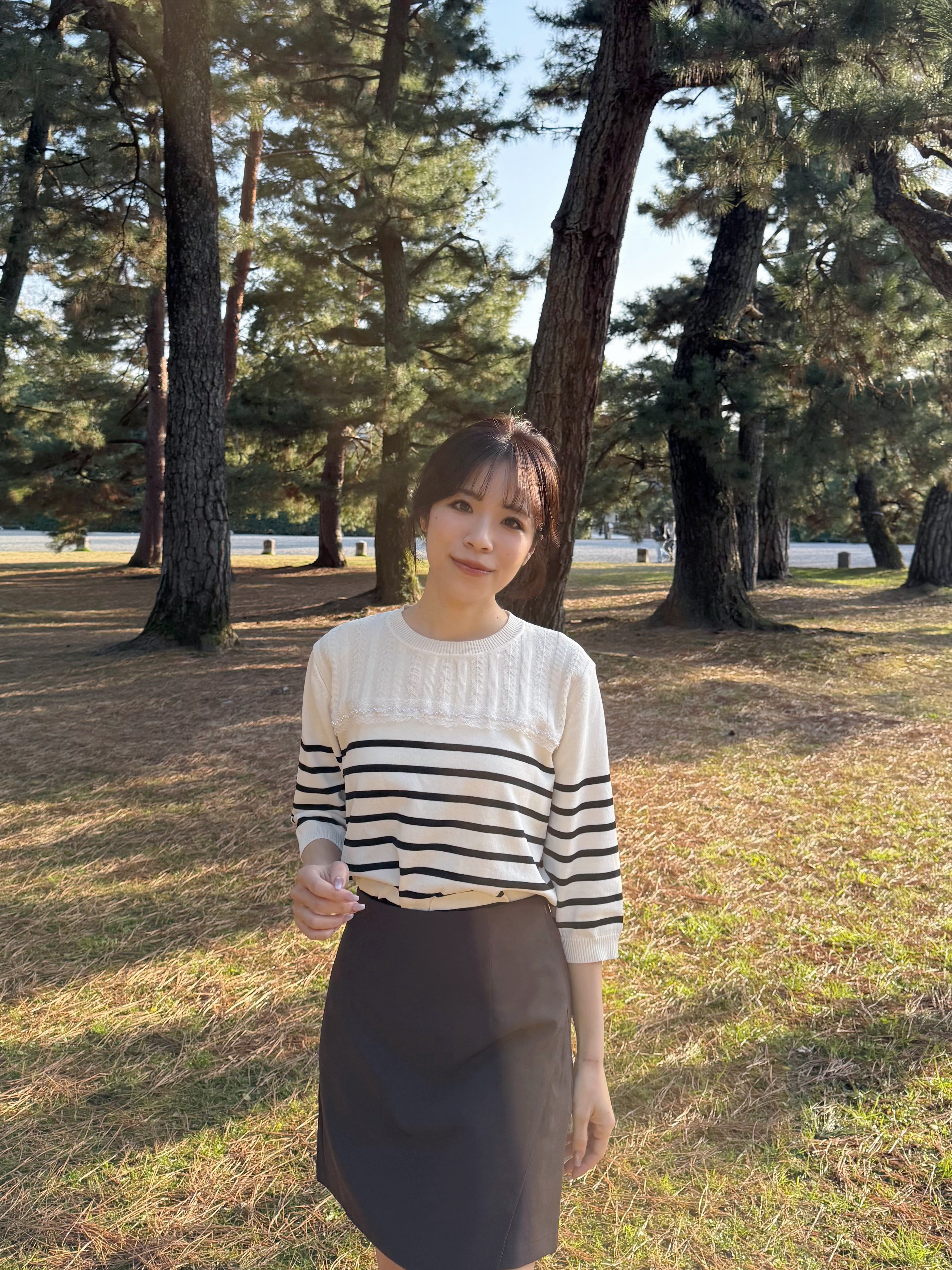 間條蕾絲邊7分袖薄款針織上衣