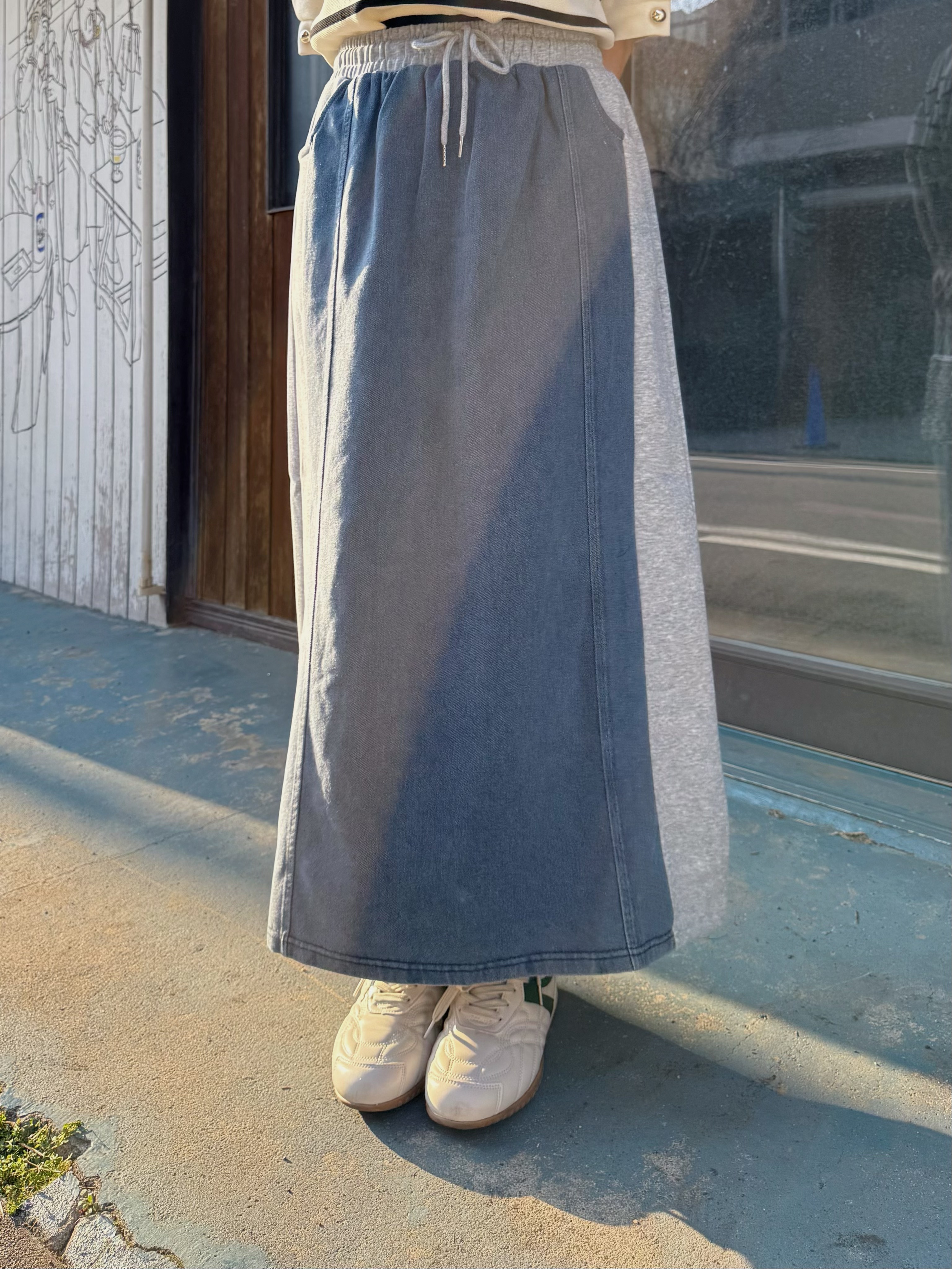 2色•拼色橡筋腰有袋牛仔裙