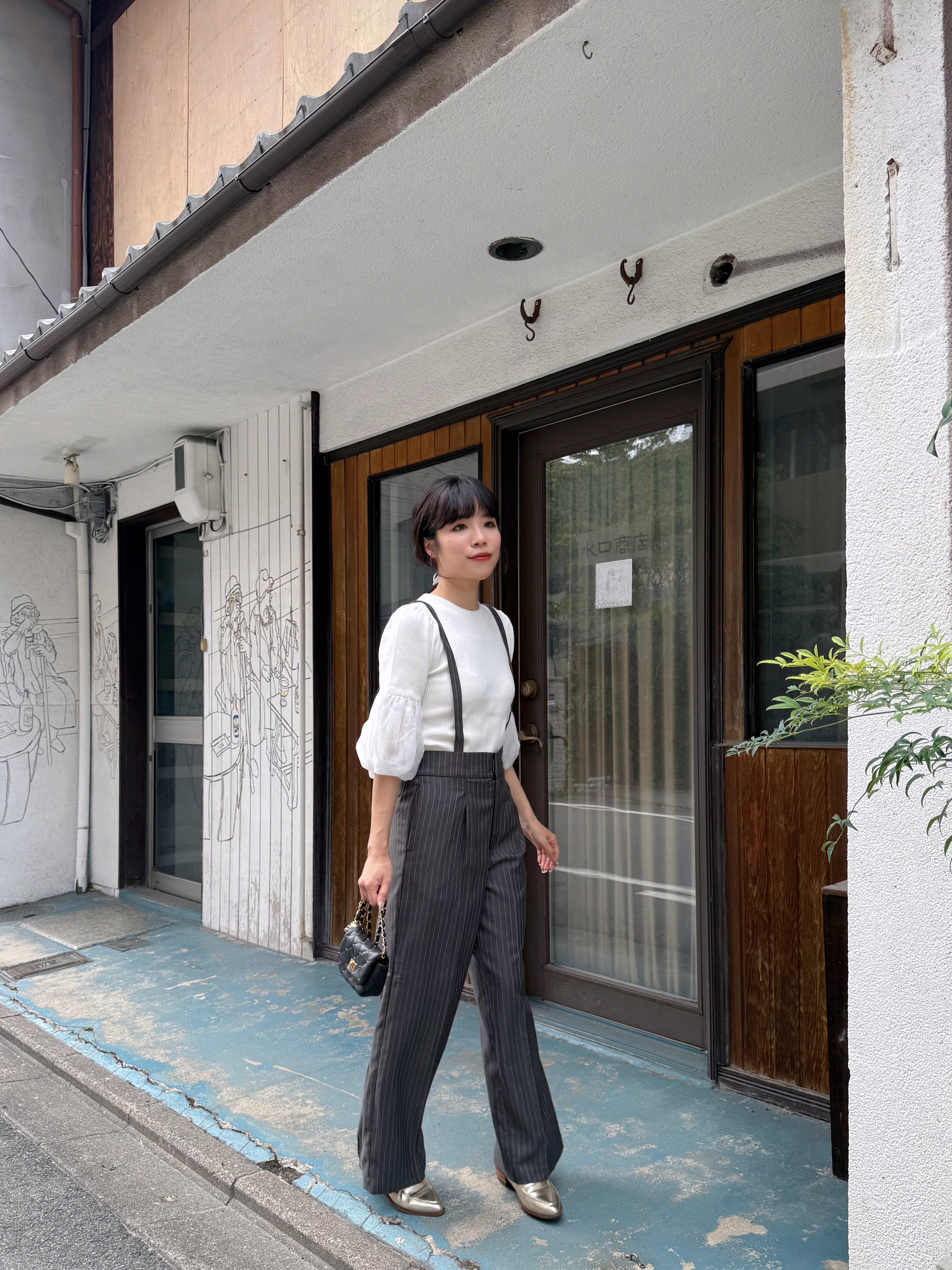 直條紋吊帶長褲