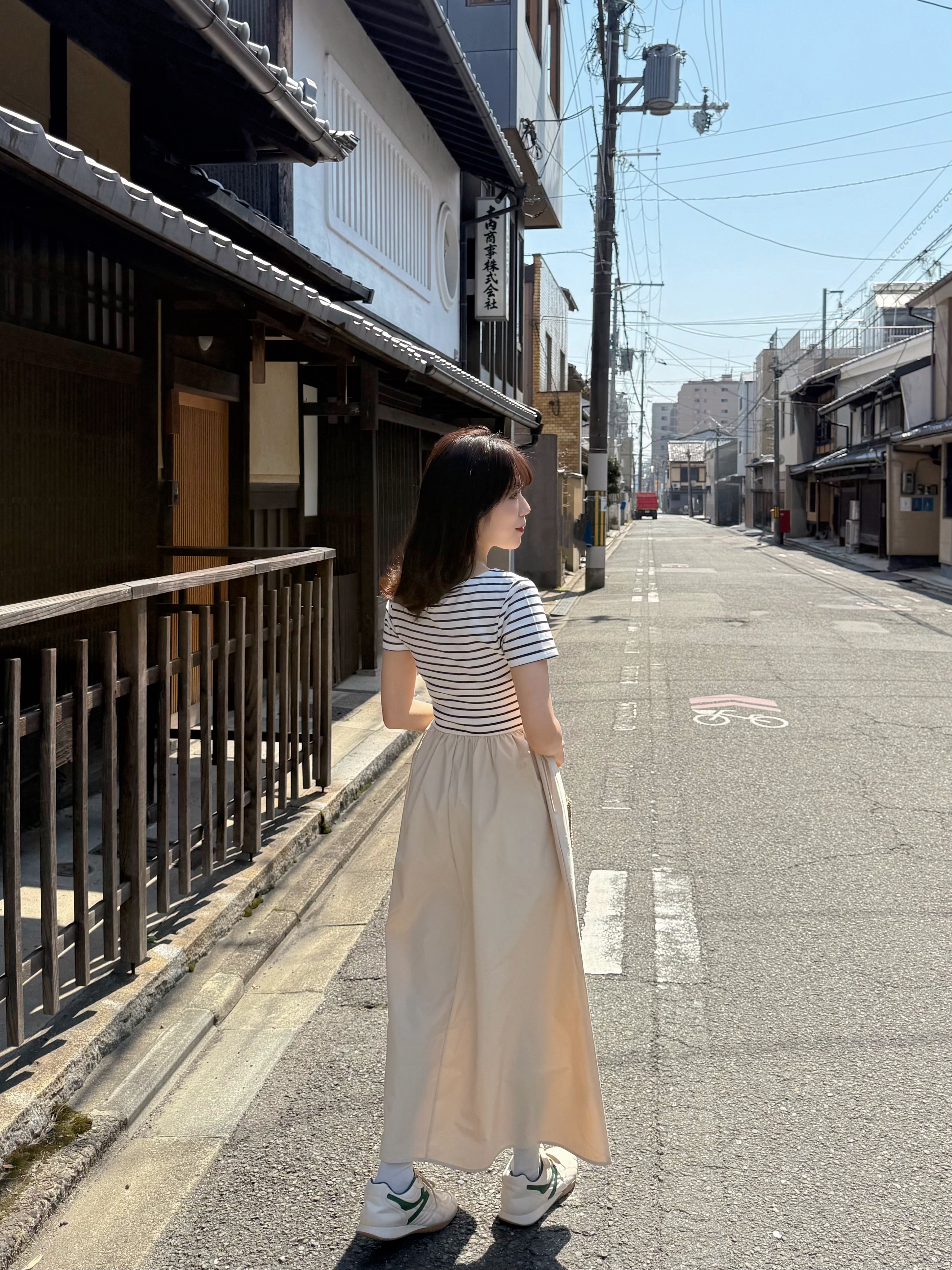 間條拼色修腰A line連身裙