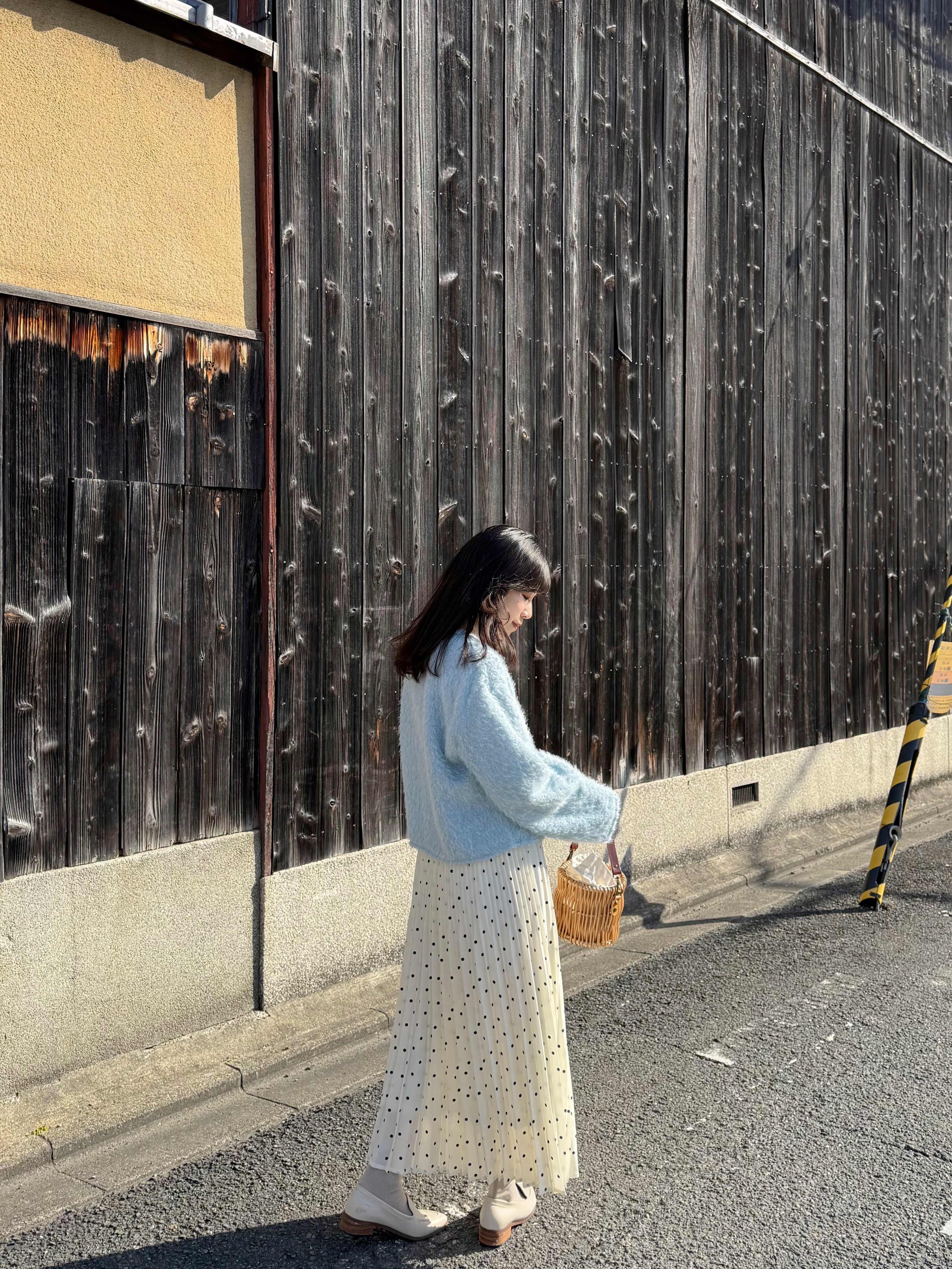 2色•百褶波點雪紡長款半身裙