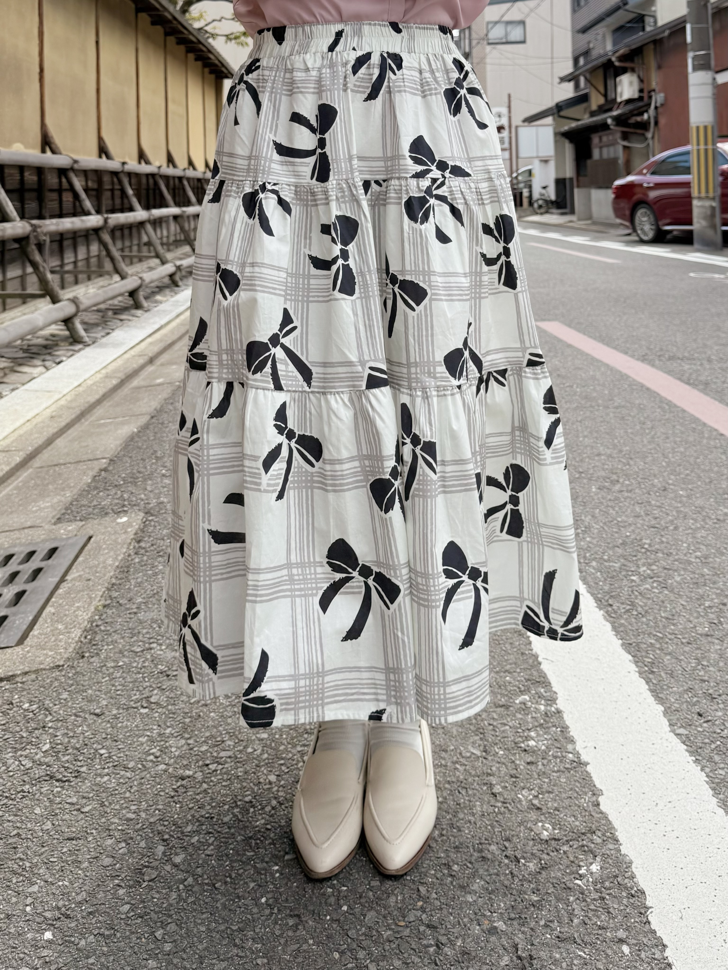 方格蝴蝶結印花半身裙