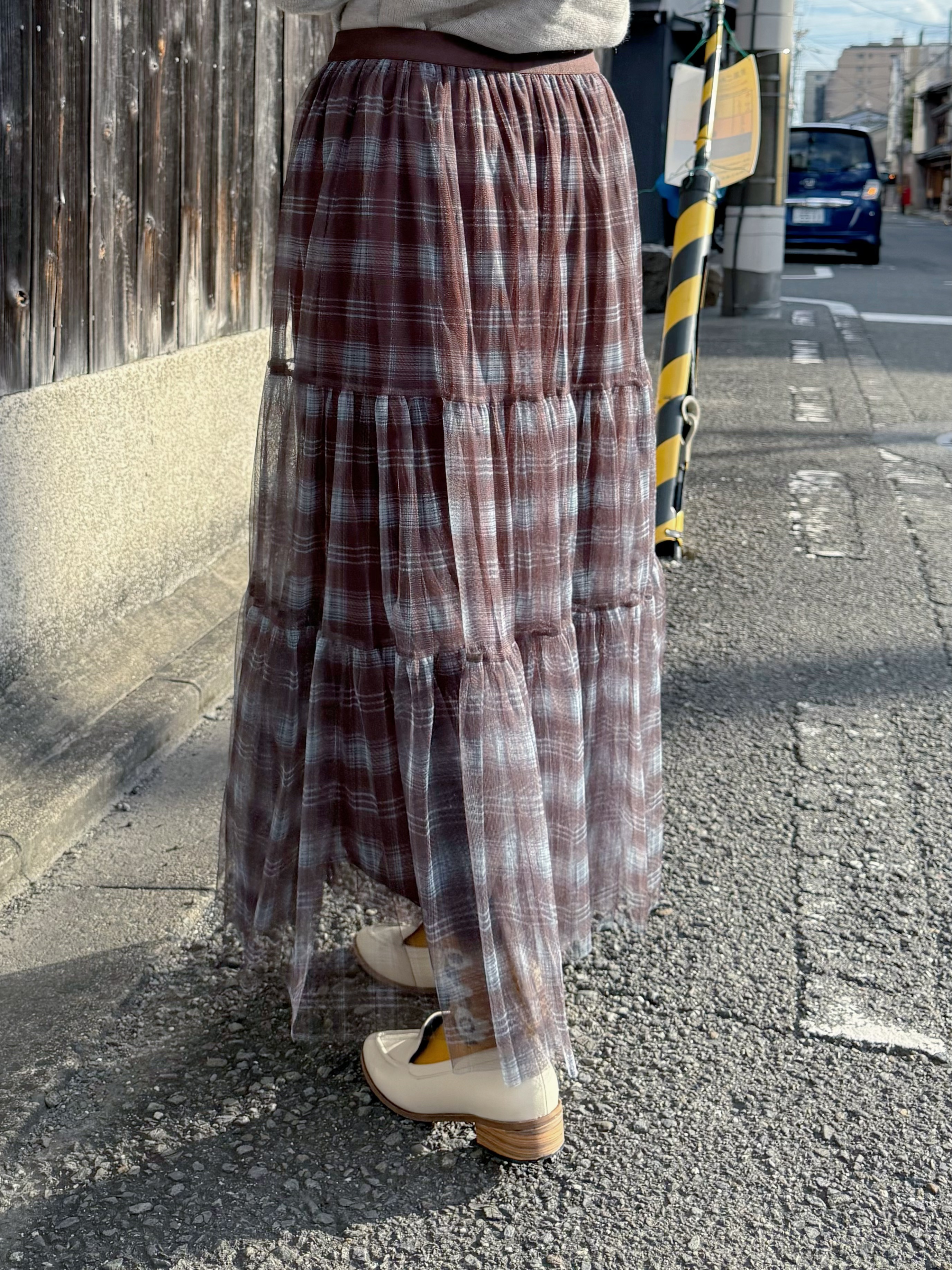 格仔網紗長裙