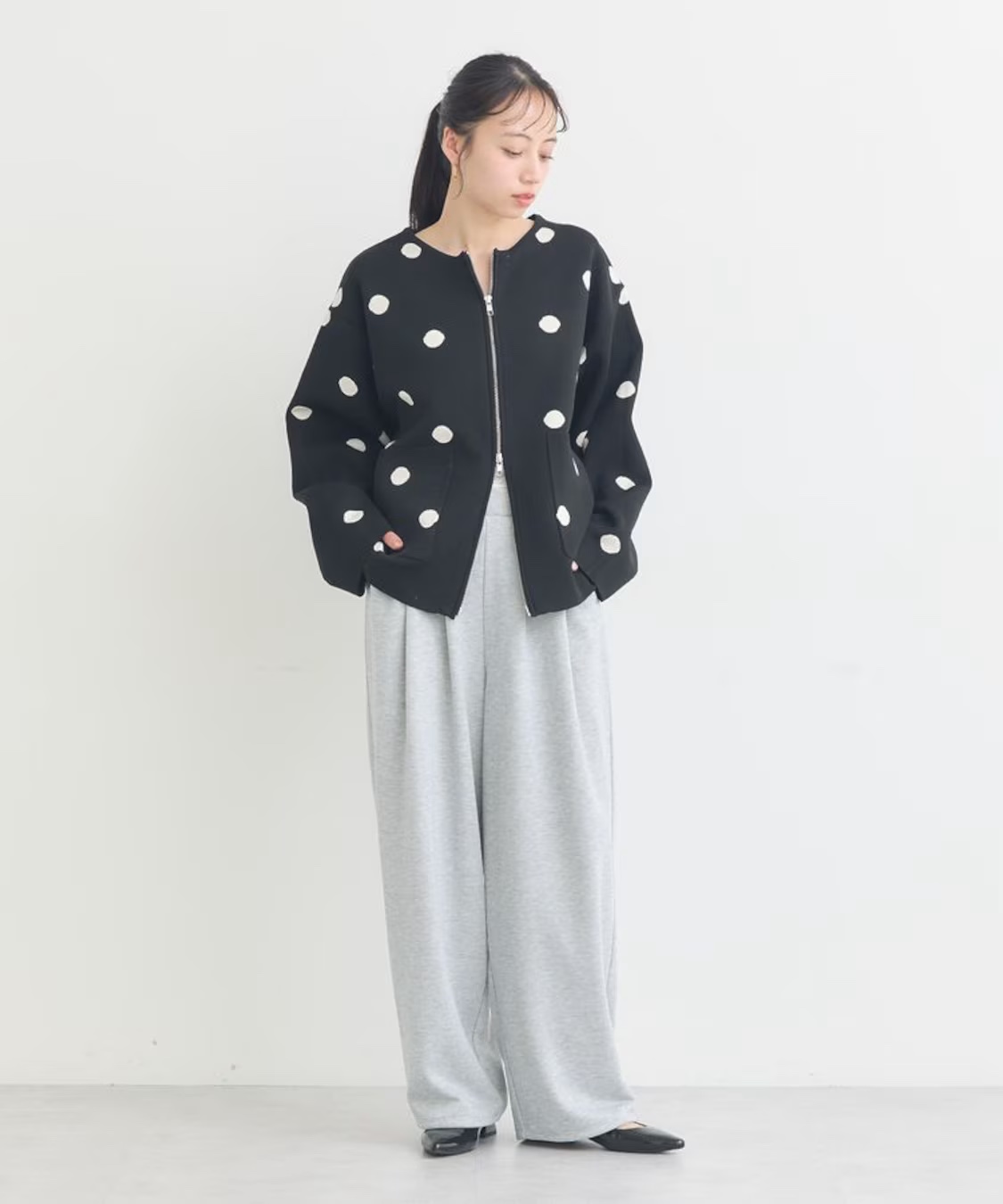 2色•波點防起毛粒針織拉鍊外套