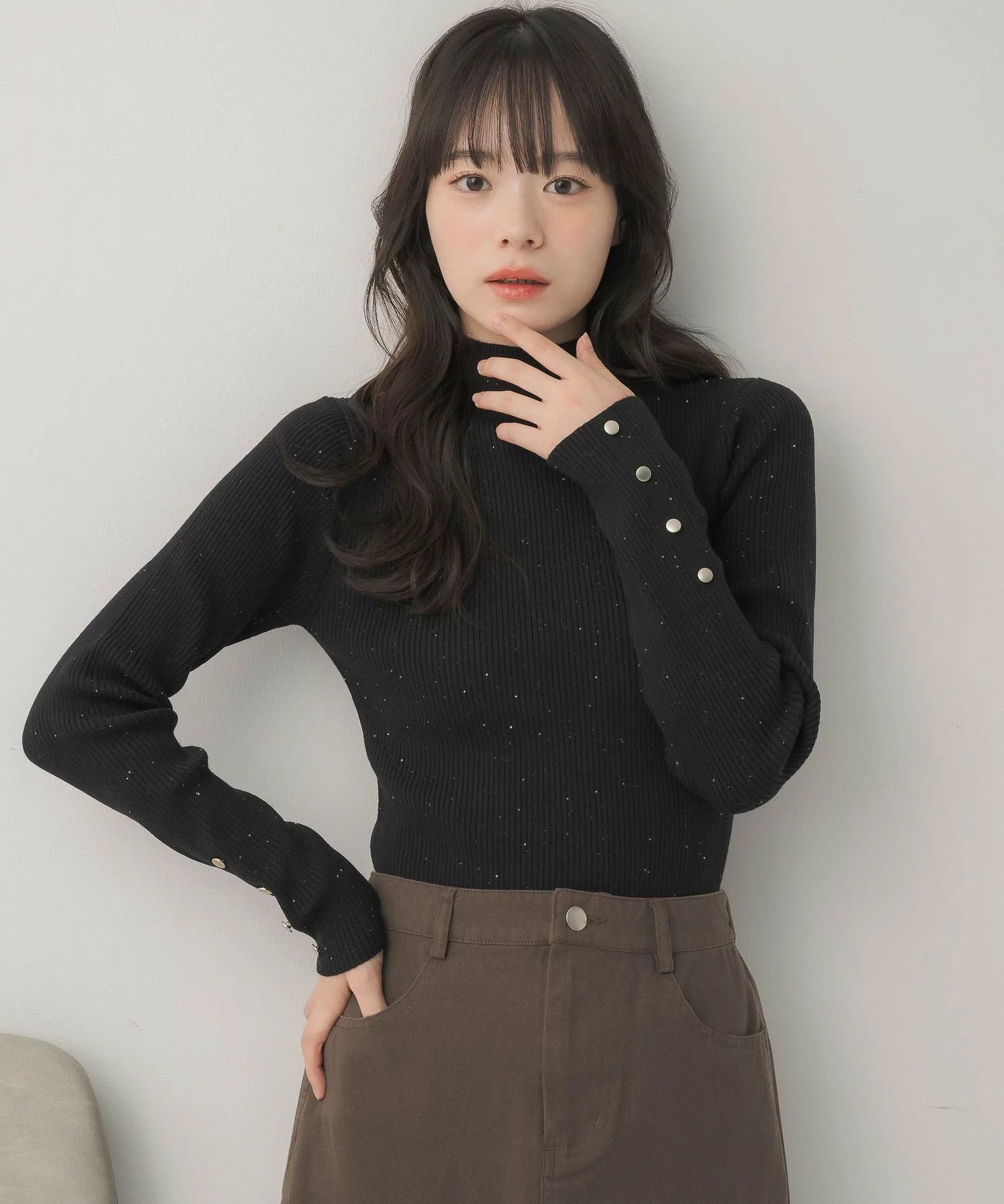 閃閃/ 淨色啞色扣閃閃企領針織