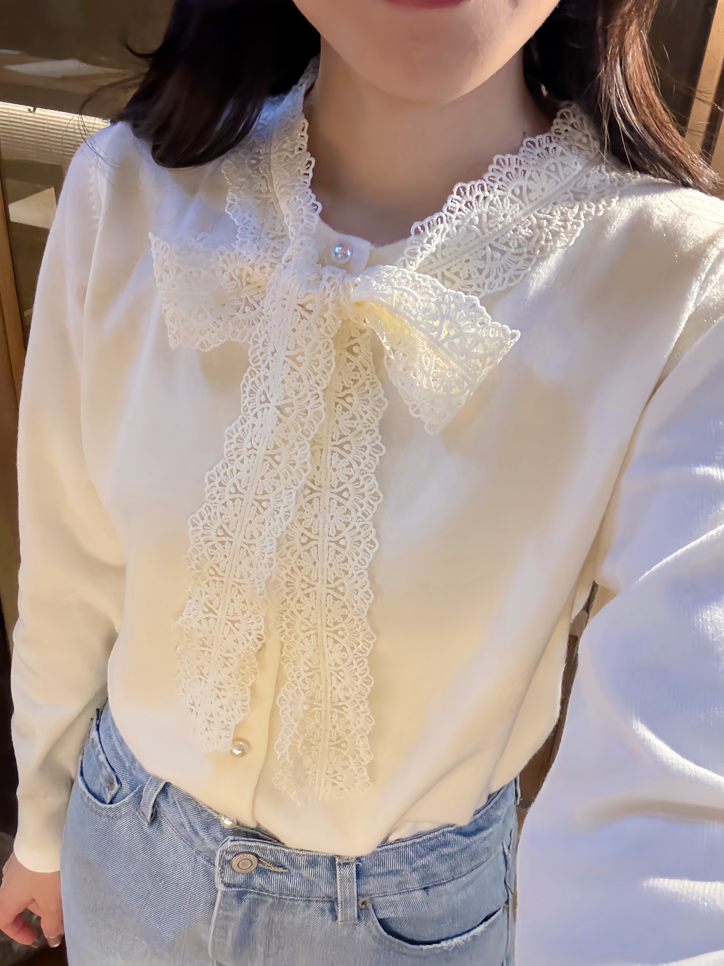 3色•蕾絲蝴蝶結領帶針織外套上衣