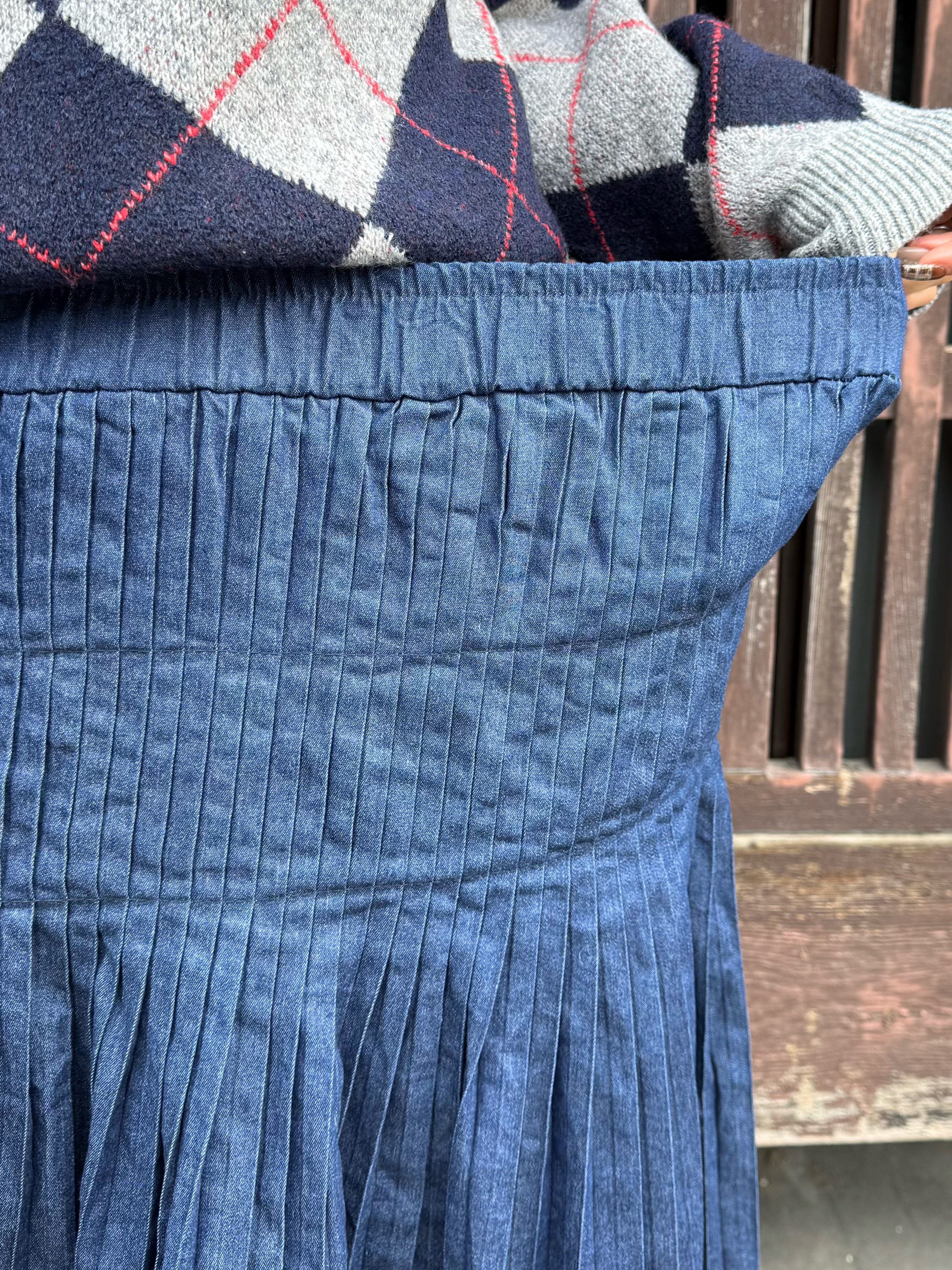 百褶牛仔長款半身裙