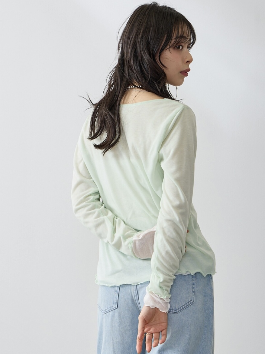 4色•假兩件拼色半透上衣