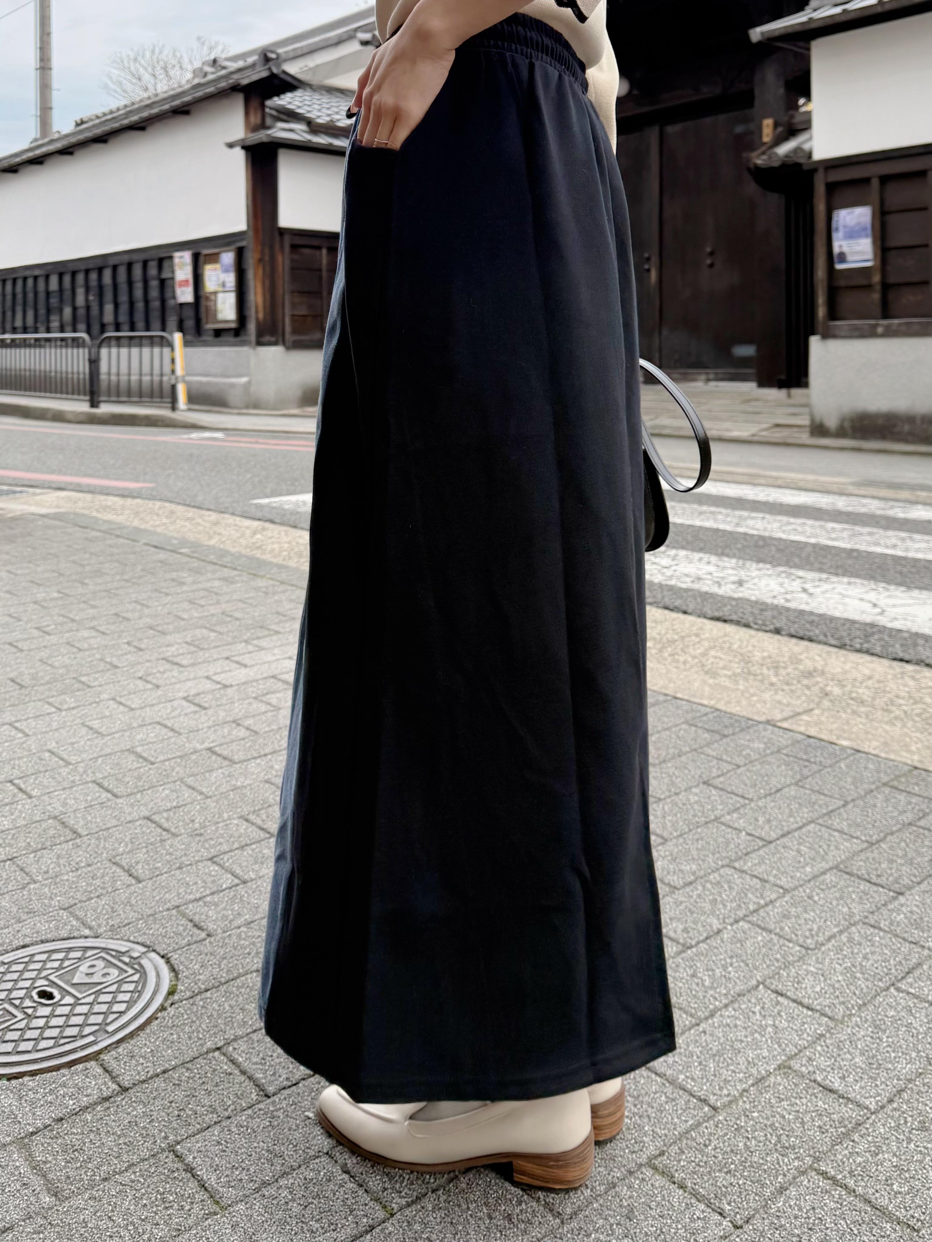 拼色橡筋腰有袋牛仔裙