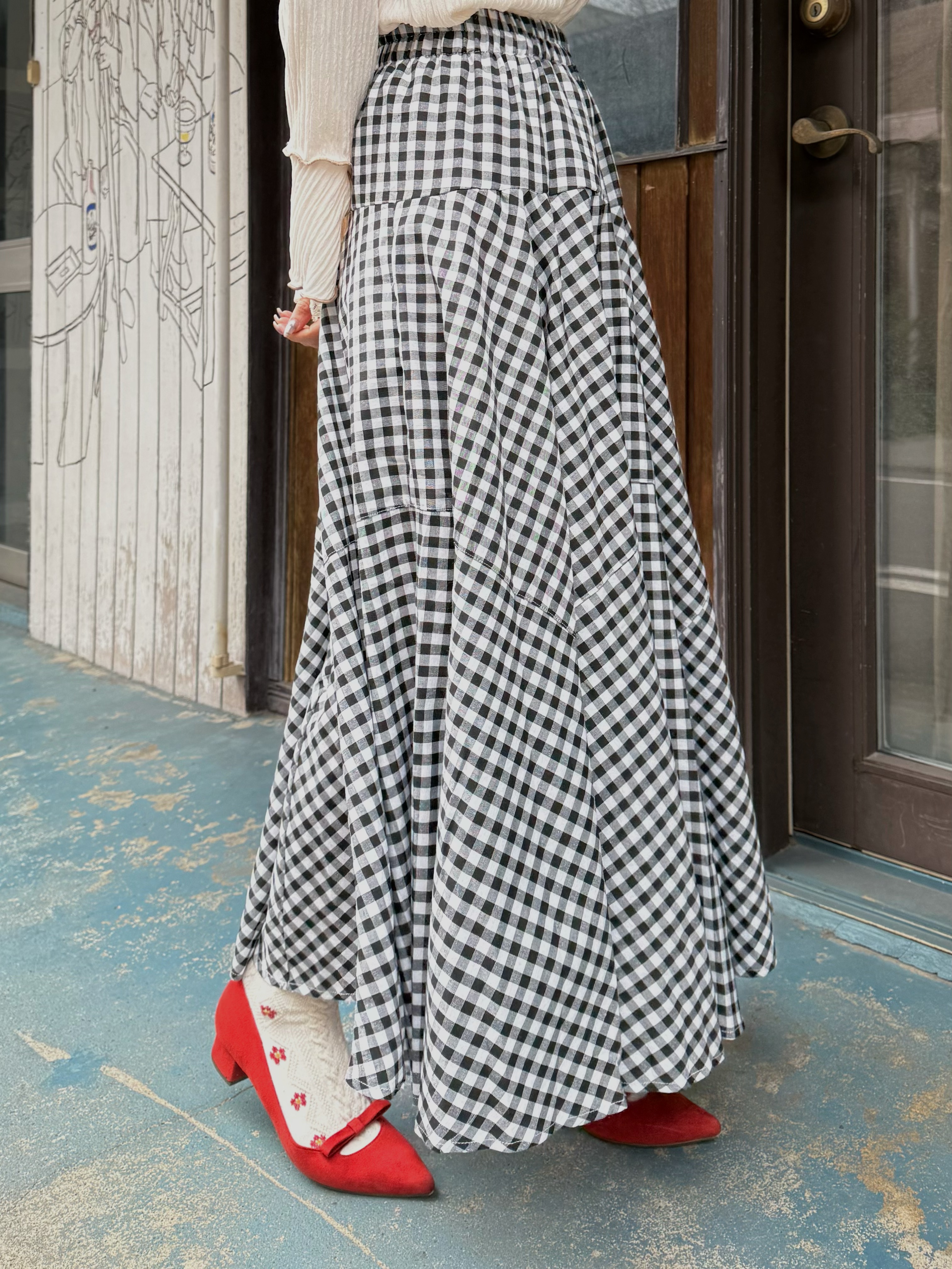 格仔不規則車線A line長款半身裙