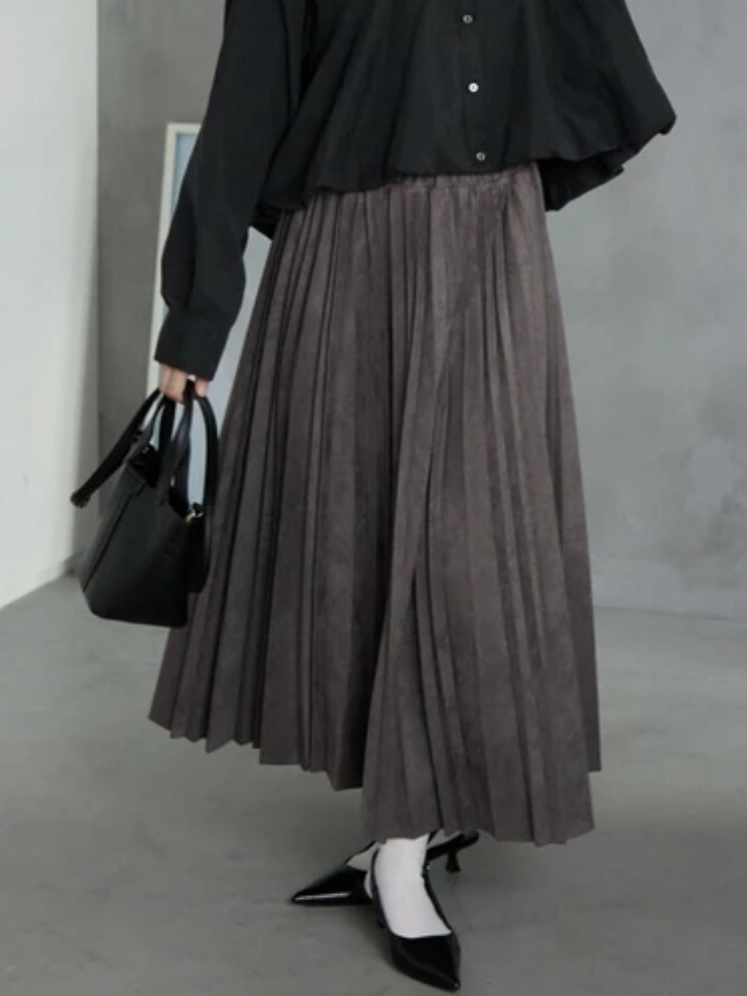 6色•84cm長•磨毛百褶淨色長款半身裙