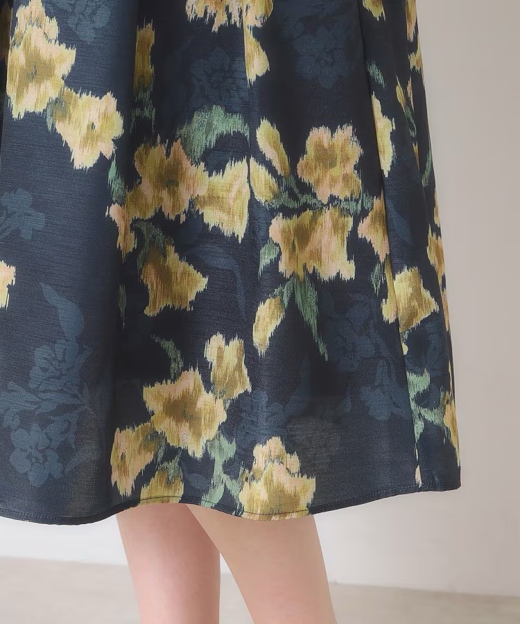 深藍拼黃花雪紡半身裙