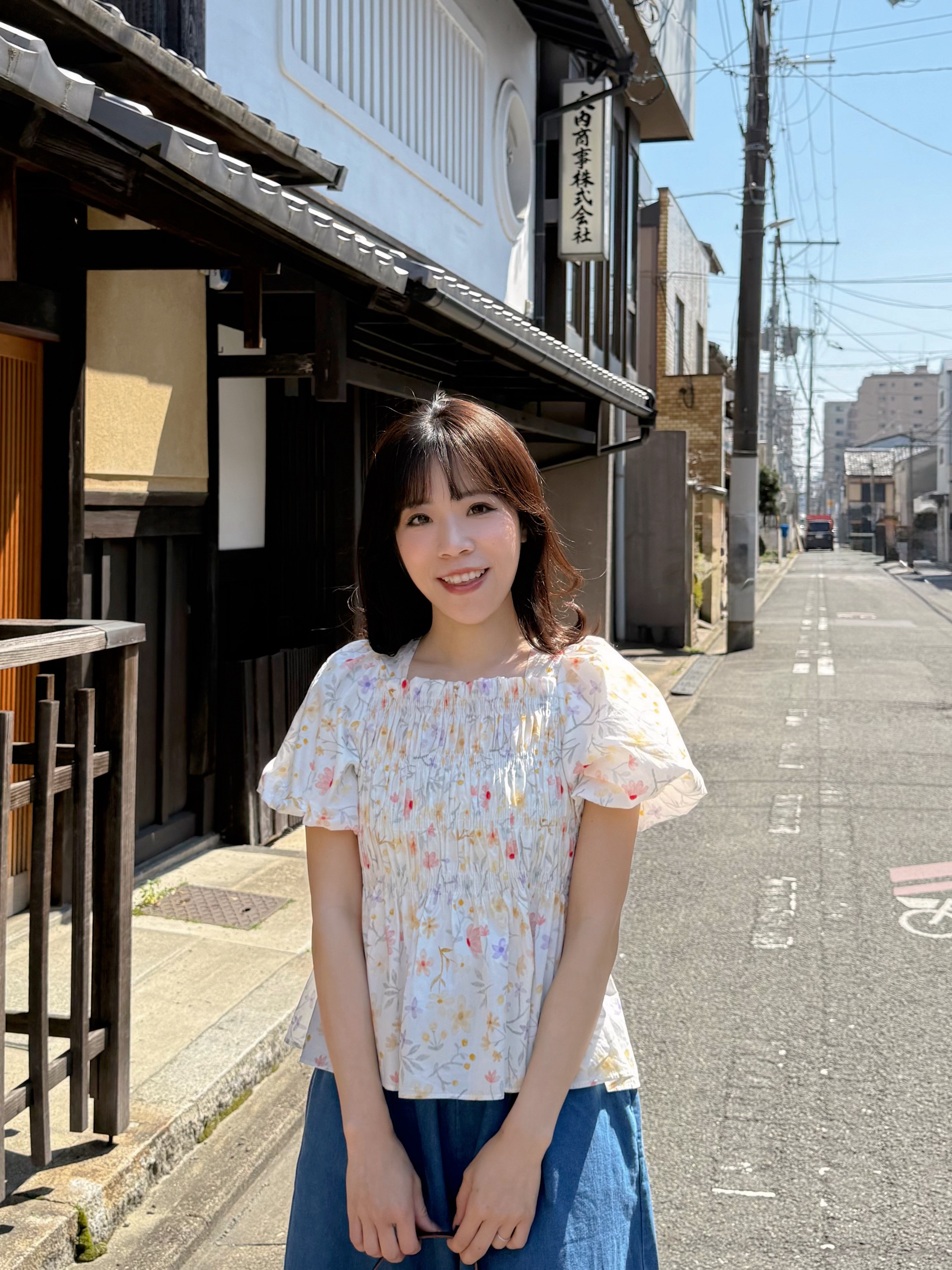 暖色系花柄方領摺摺全綿上衣