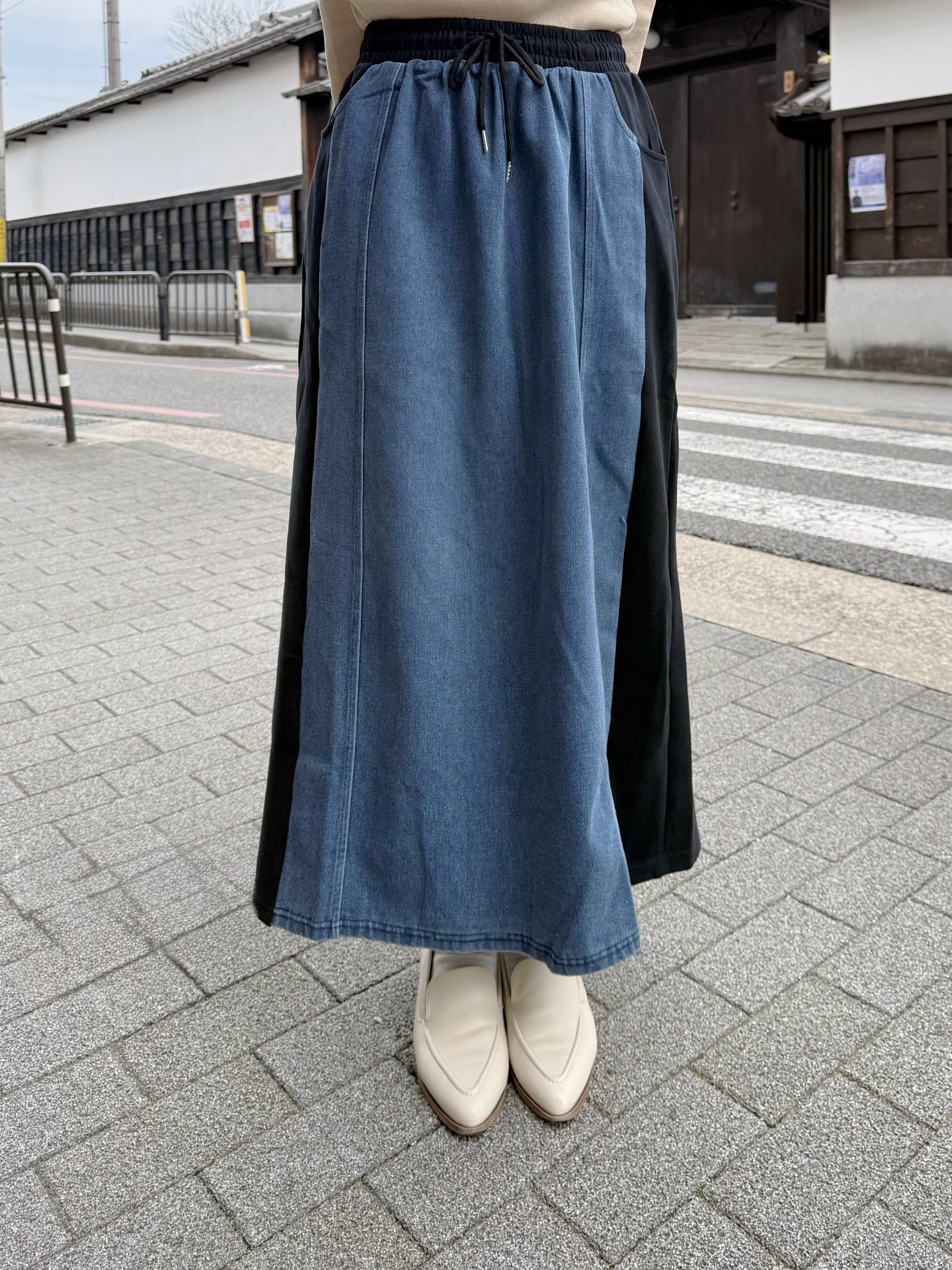 拼色橡筋腰有袋牛仔裙