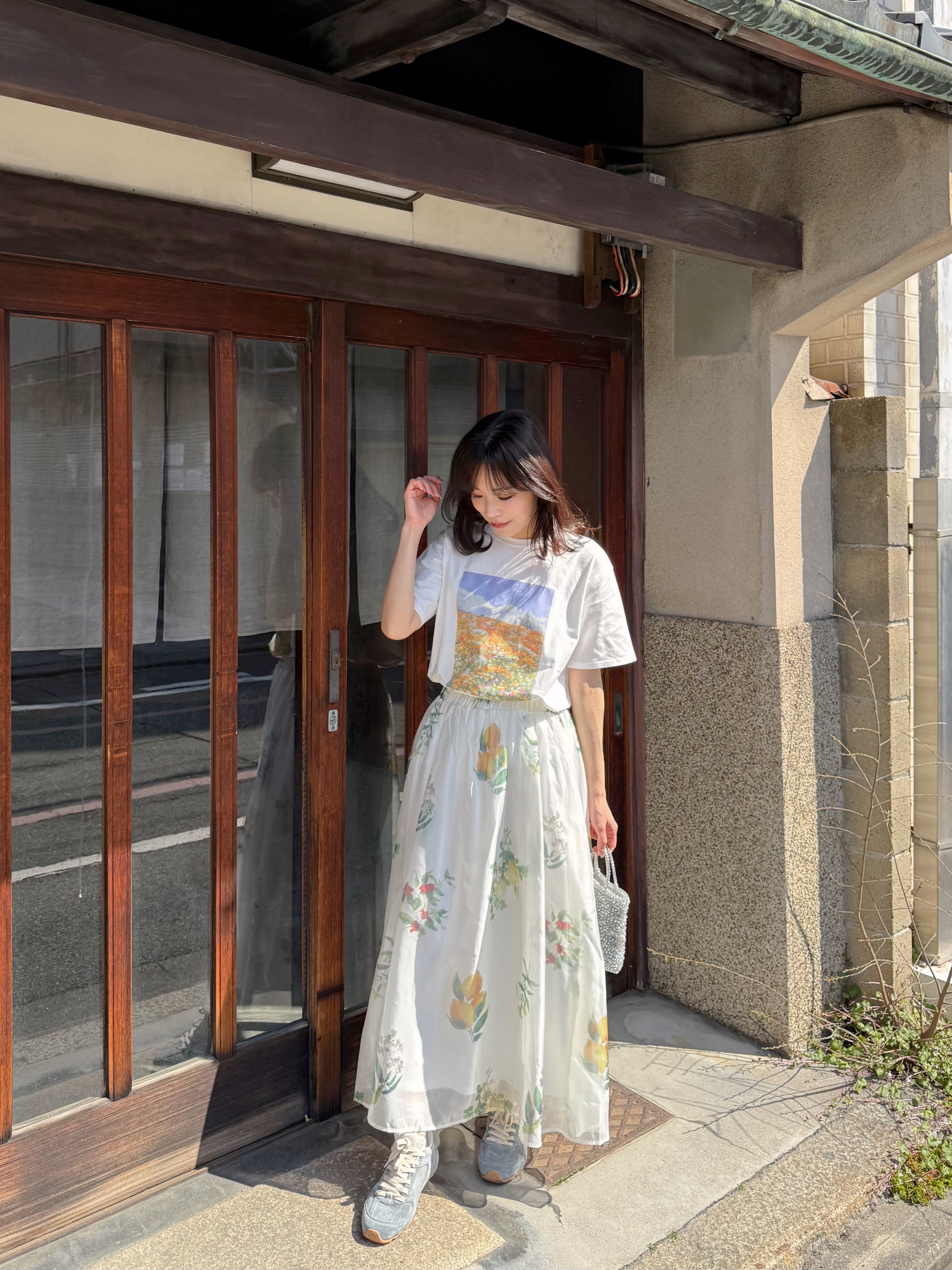 檸檬紅花光澤雪紡半身裙