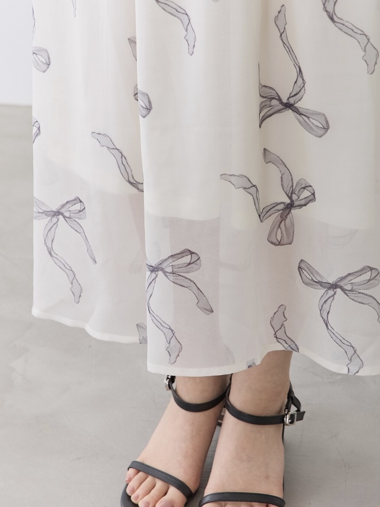 蝴蝶結印花雪紡連身裙