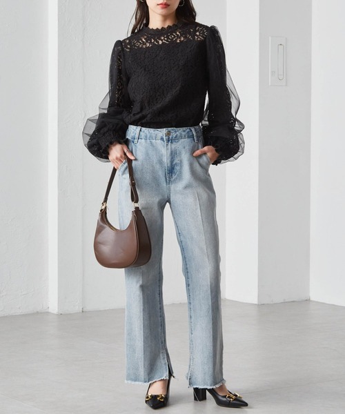 紗紗泡泡袖蕾絲上衣